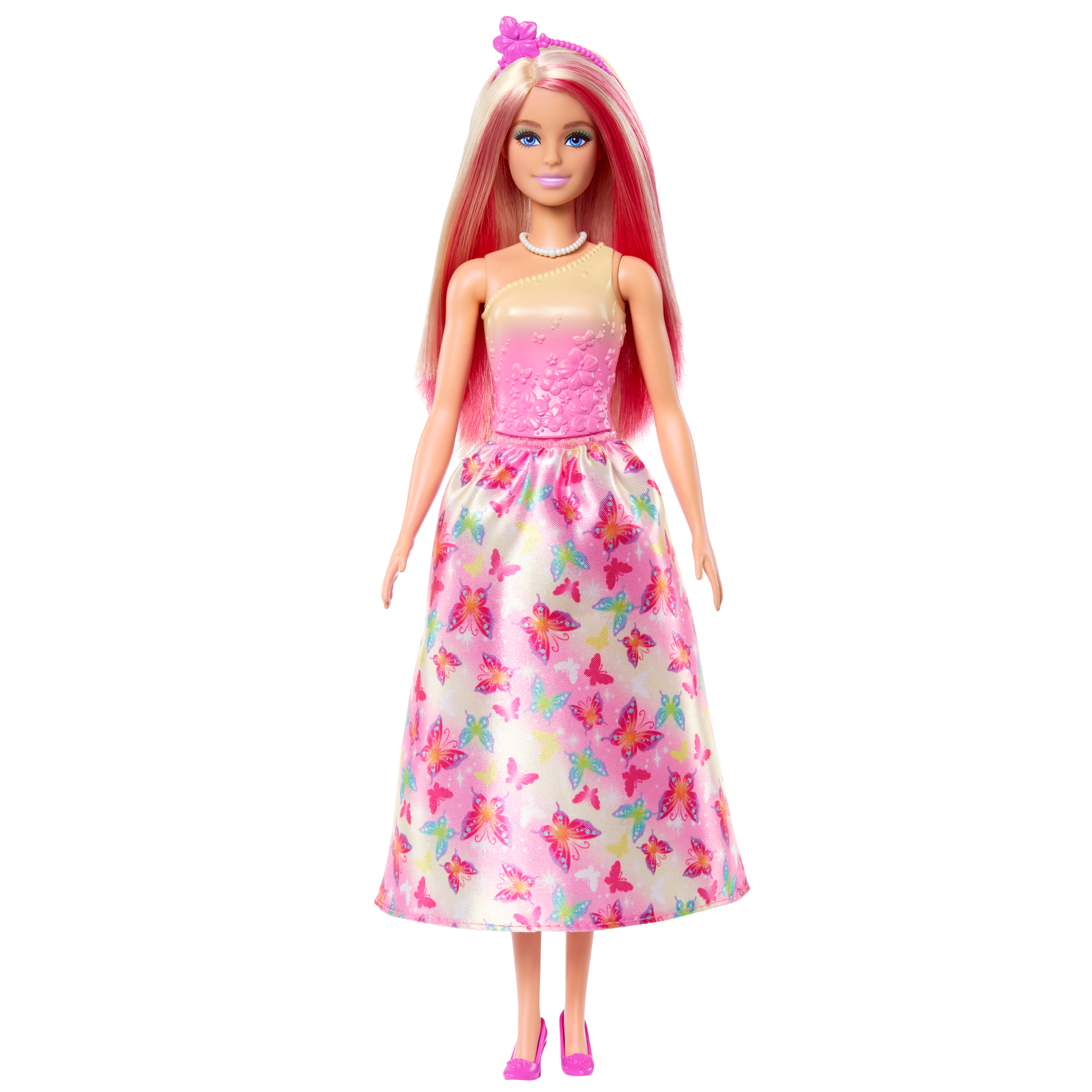 Muñeca Barbie, vestida con vestido rosa y floral con lazo y flor rosa.