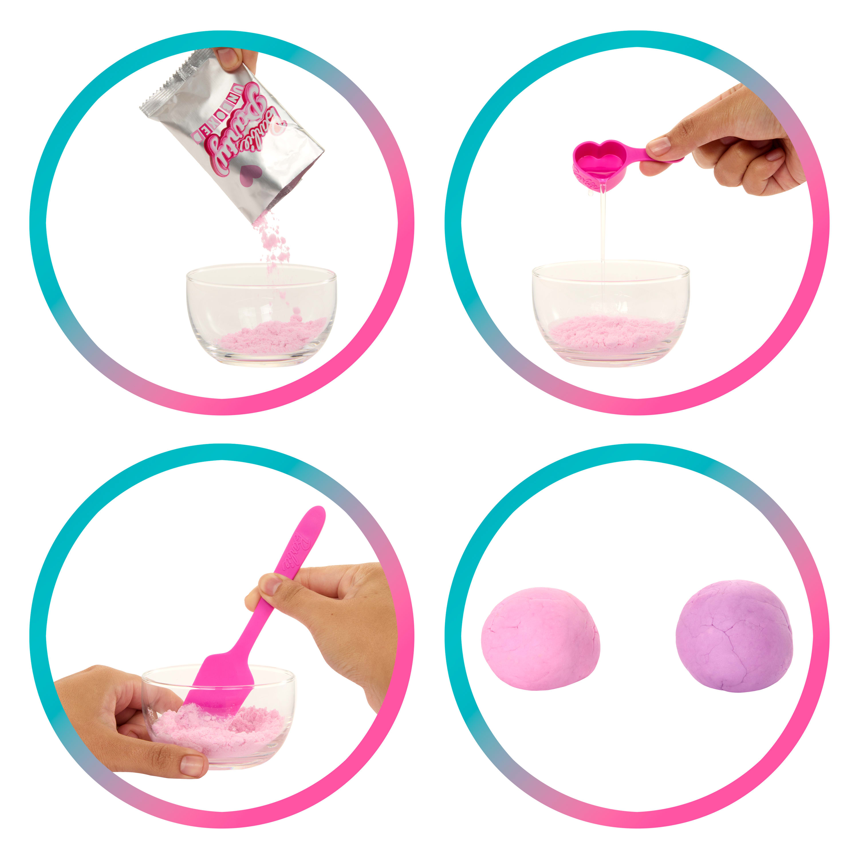 Obraz z czterech paneli mieszania składników. Różowy proszek wlewa się do miski, a następnie miesza.