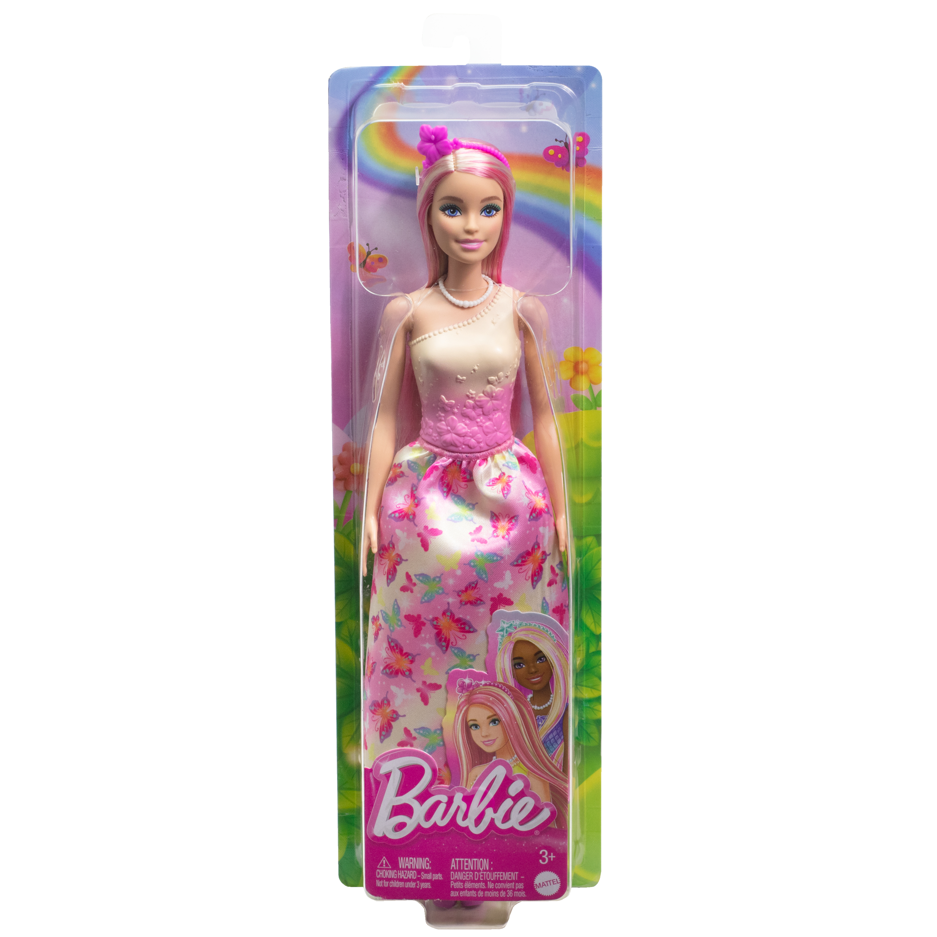 Una muñeca Barbie con un vestido rosa y blanco está en un paquete con un fondo de arcoíris.