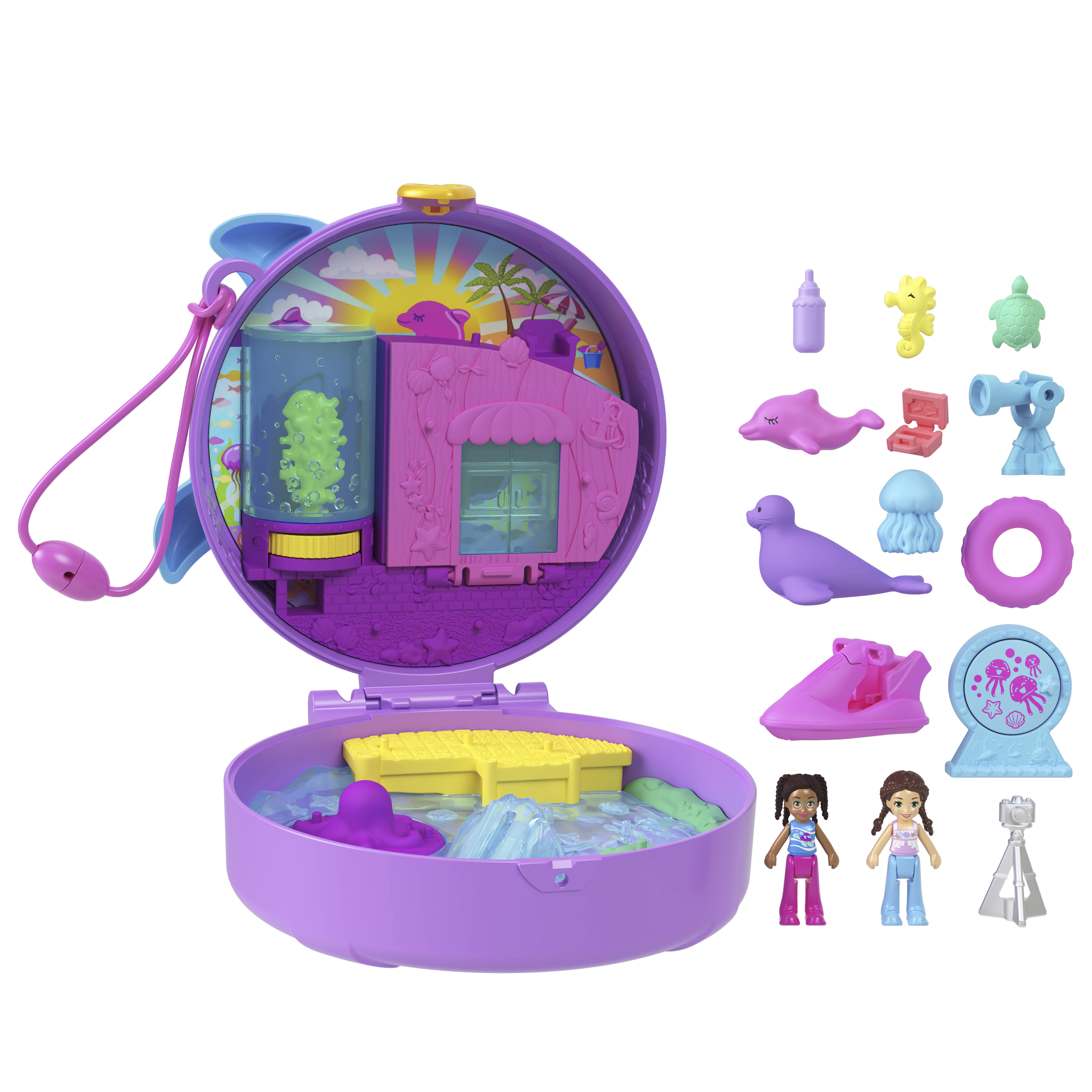 Polly Pocket Set, geöffnet, zeigt Figuren, ein Haus und Wasserelemente.