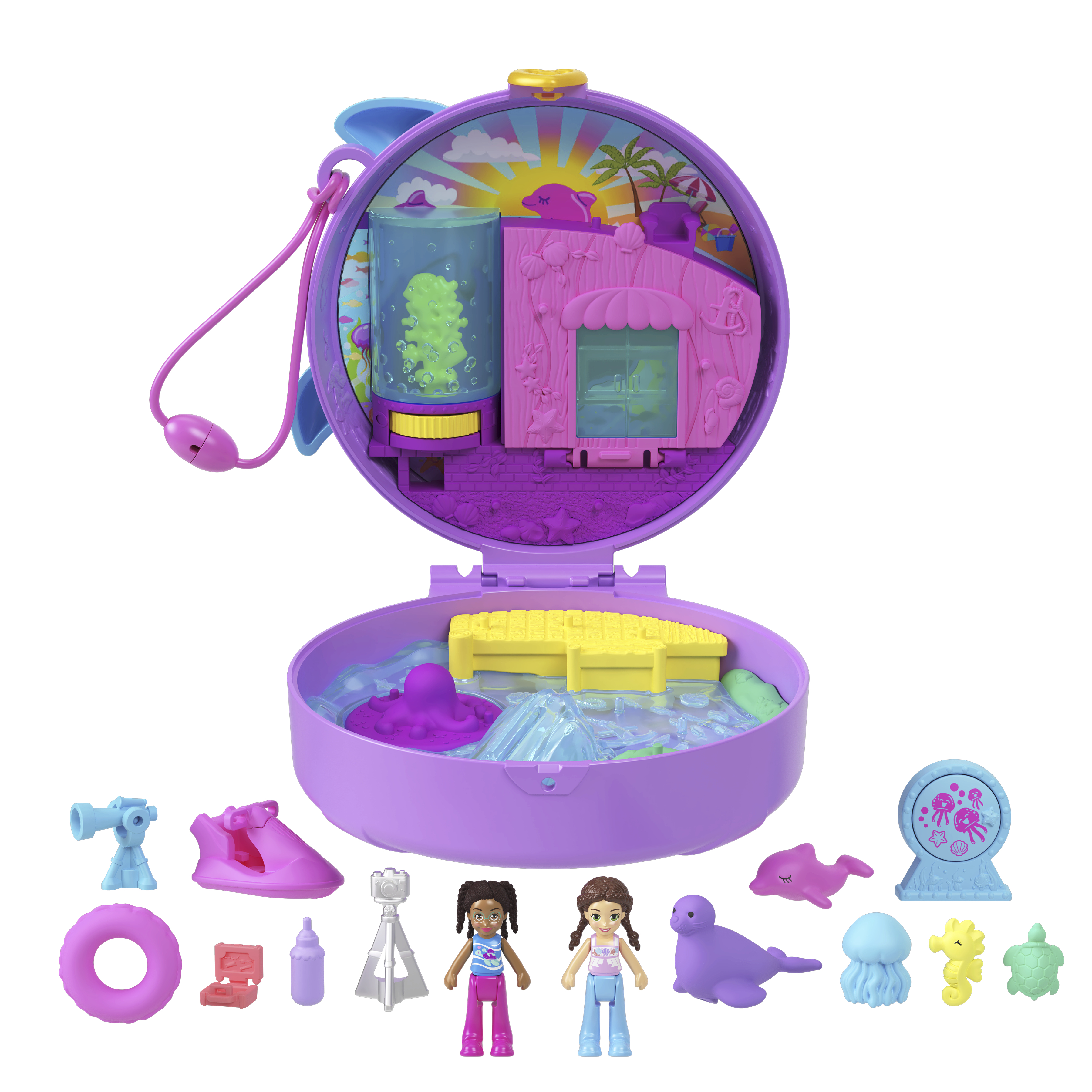 Geöffnetes Polly Pocket Spielset mit lila Basis, Wasserlandschaft und Zubehör.