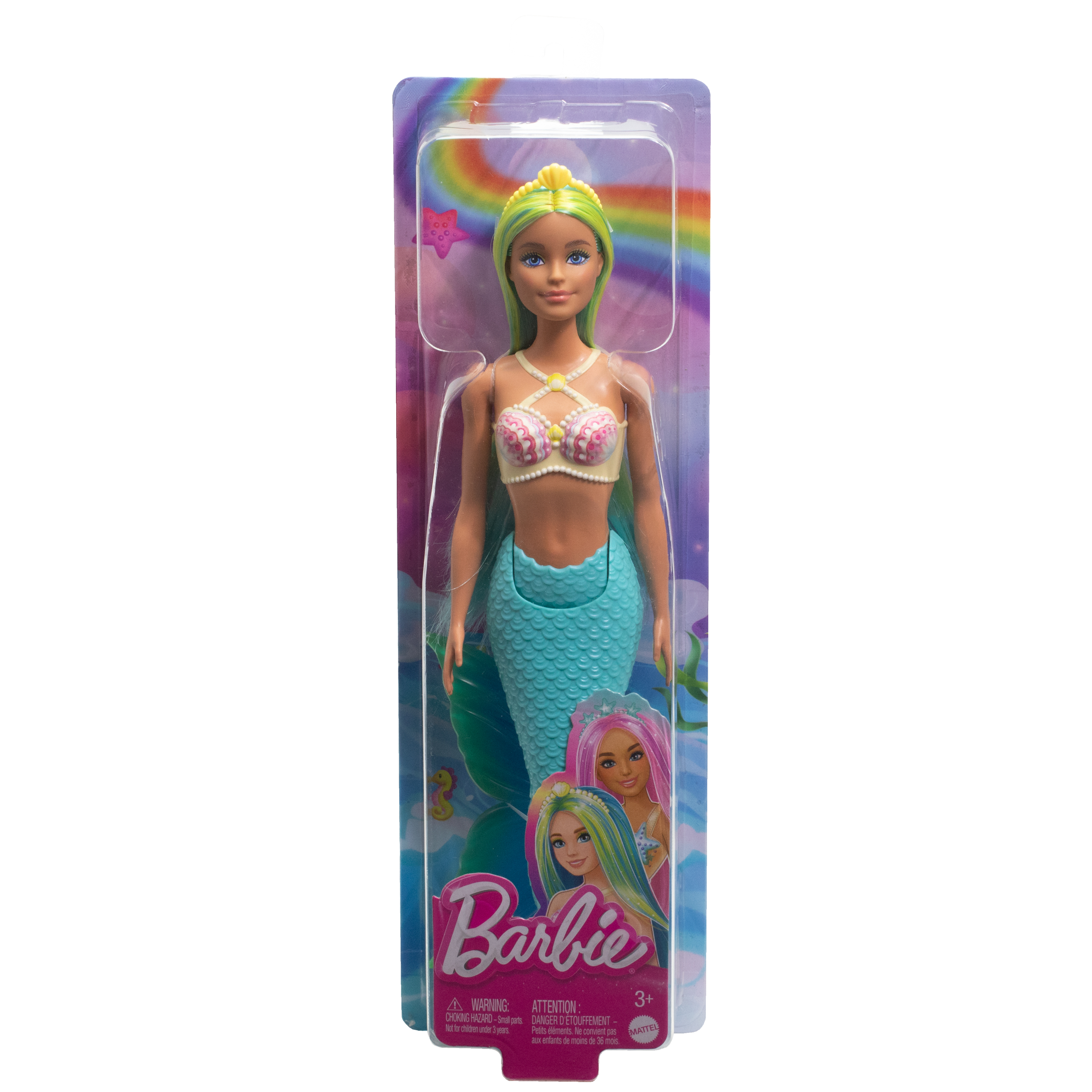 Lalka Barbie syrena w opakowaniu. Ma zielone włosy, top z muszli i niebieski ogon.