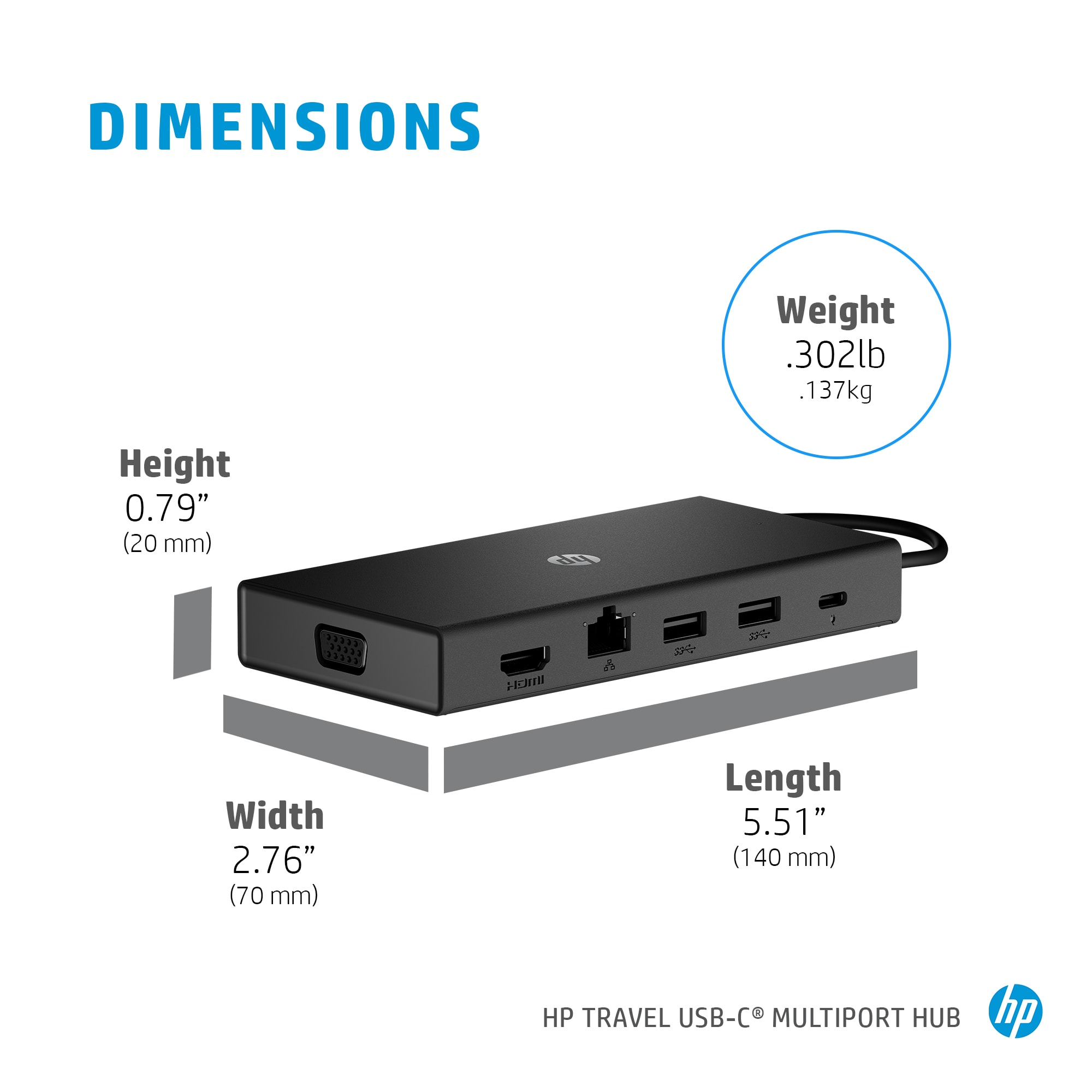 Ein schwarzer HP Travel USB-C-Multiport-Hub, die Abmessungen werden mit Beschriftungen und Messungen angezeigt.