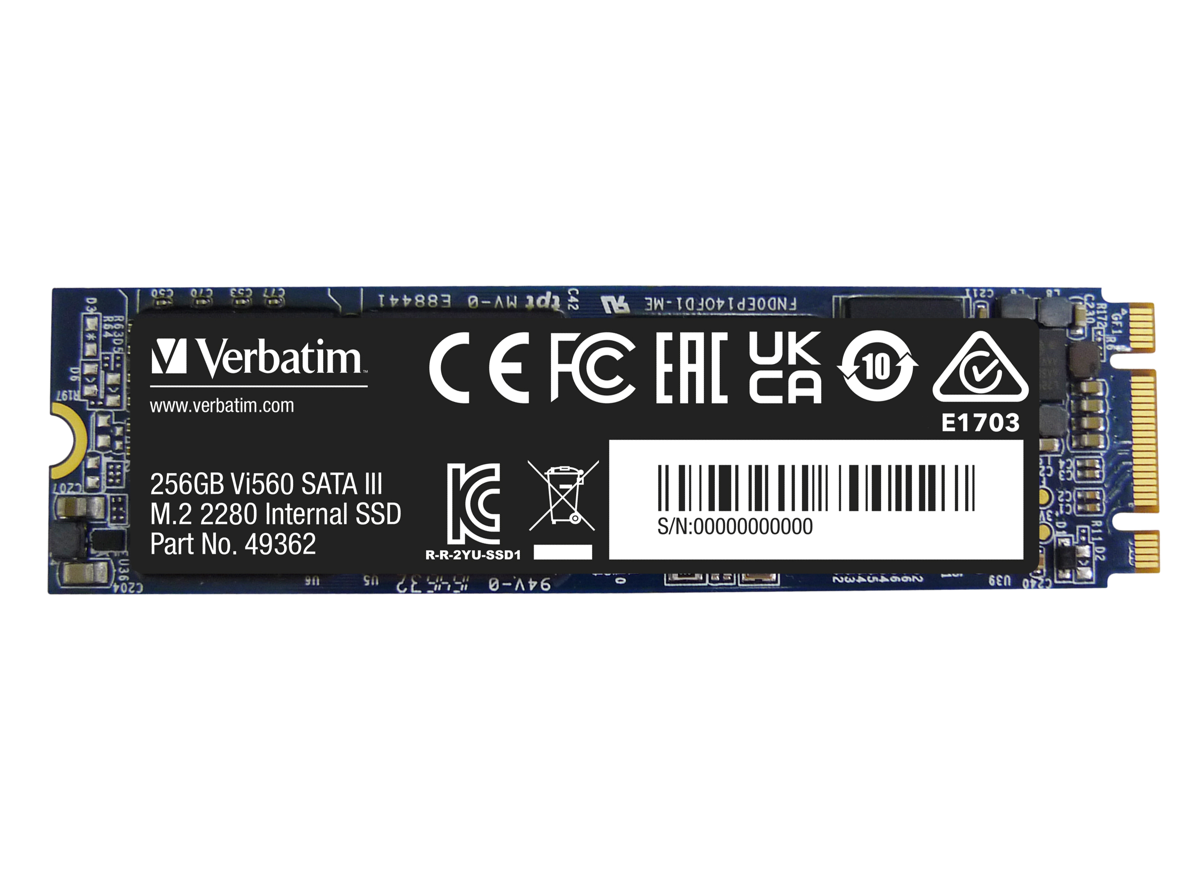 Un disque SSD bleu et argenté est affiché, avec du texte et des logos dessus.