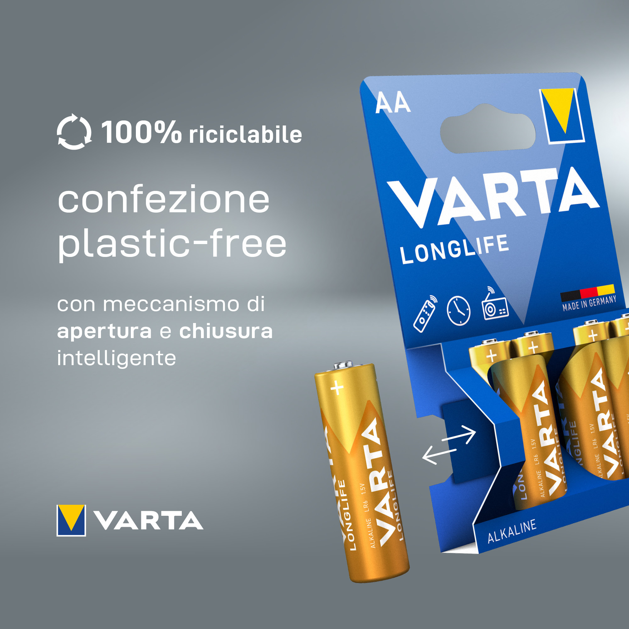 A pack of Varta Longlife AA batteries on a grey background. Text: 100% recyclable, plastic-free packaging.