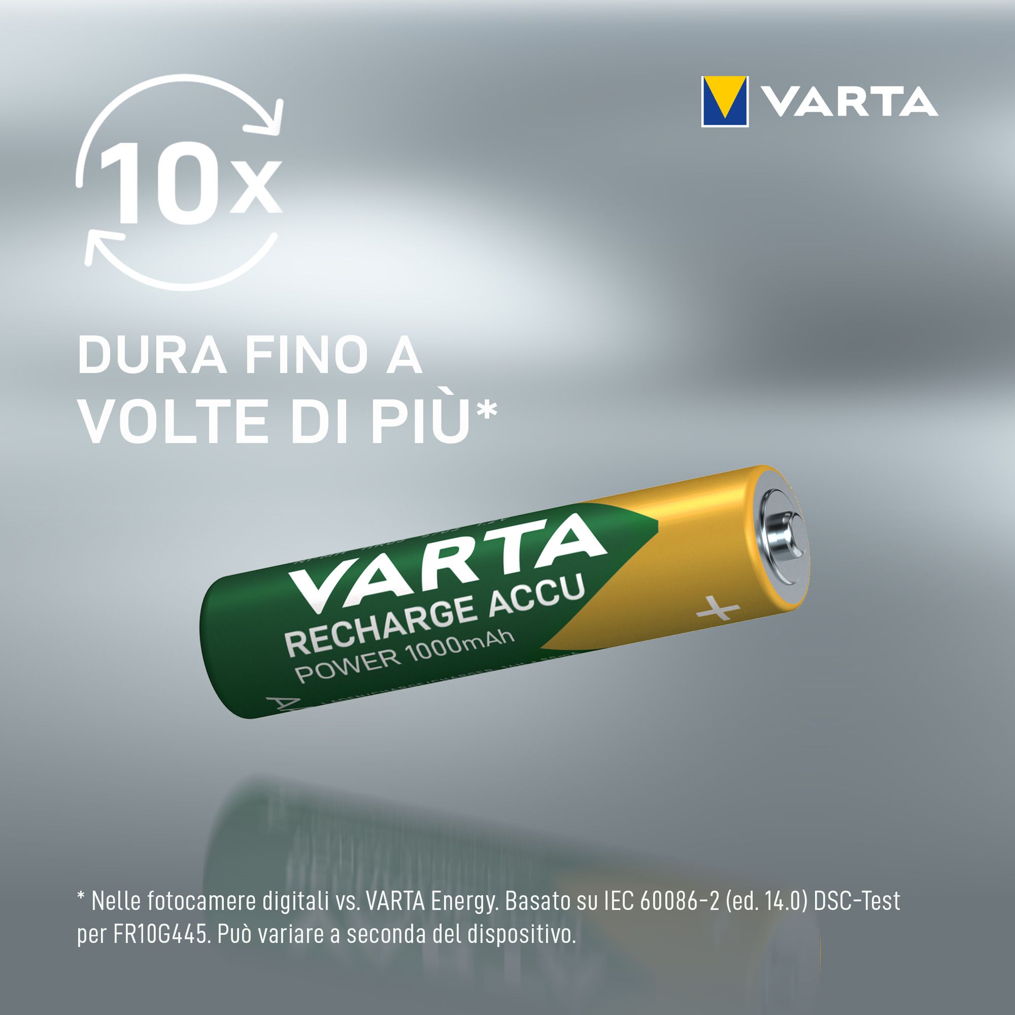 Een Varta Recharge Accu batterij met groene en gele kleuren, tekst en reflectie.