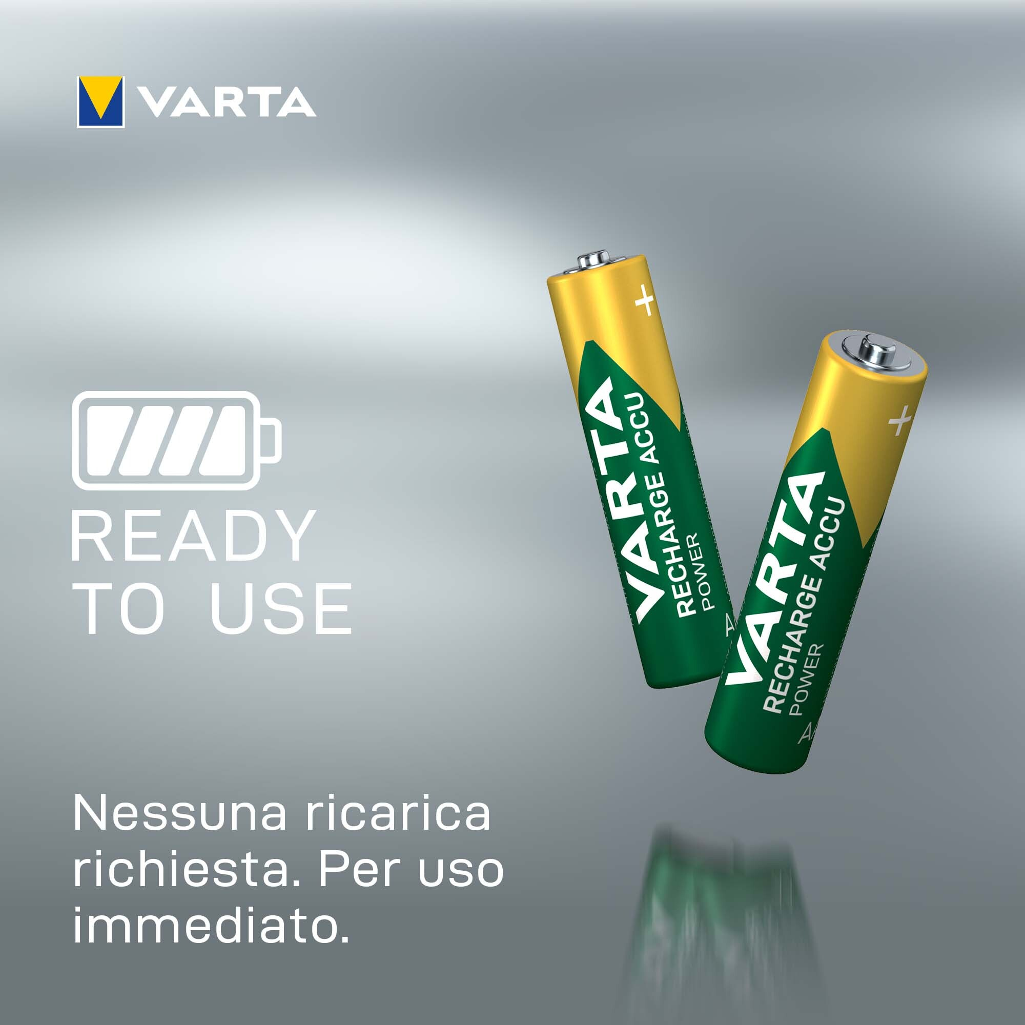 Twee gele en groene Varta oplaadbare batterijen tegen een gradiënt achtergrond. Tekst: 'Ready to use'.