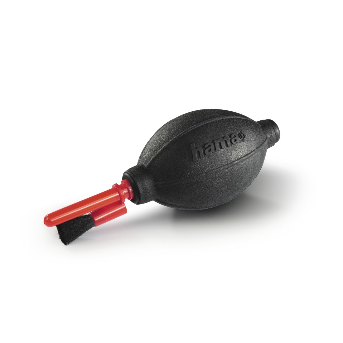 Czarna dmuchawa powietrza z czerwonym uchwytem i szczotką na białym tle.