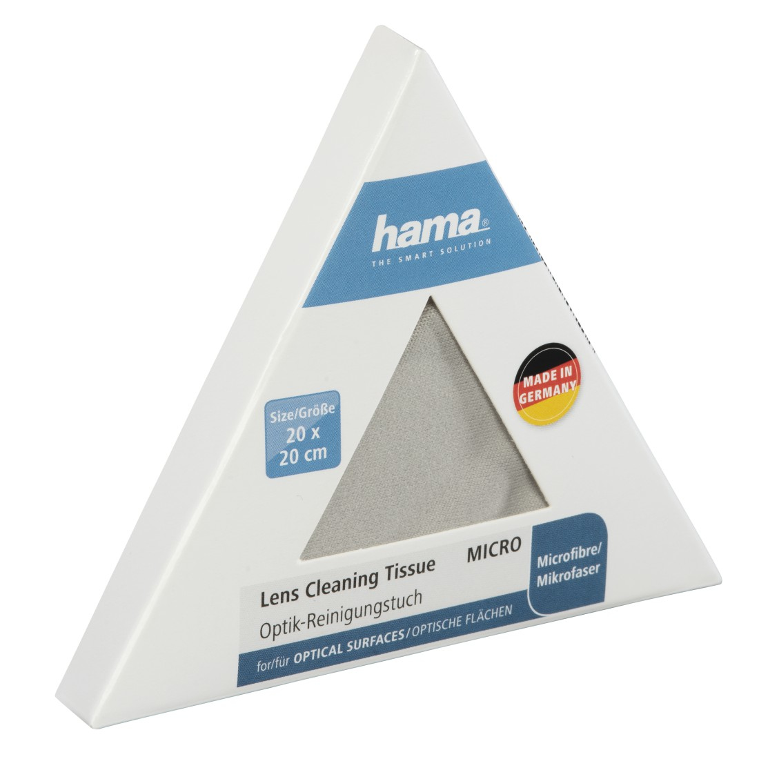 Białe trójkątne pudełko chusteczek do czyszczenia soczewek z informacjami o produkcie.