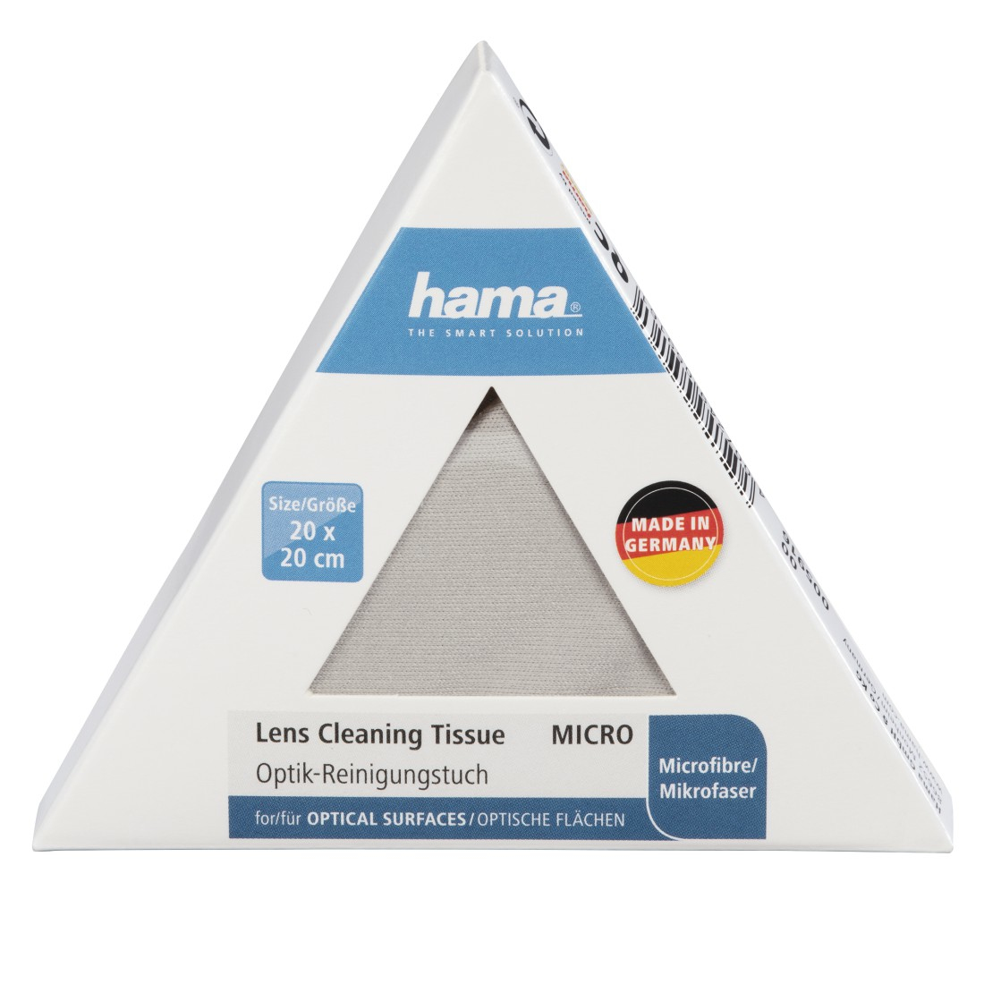 Białe trójkątne pudełko chusteczek do czyszczenia soczewek Hama. Pudełko jest otwarte.