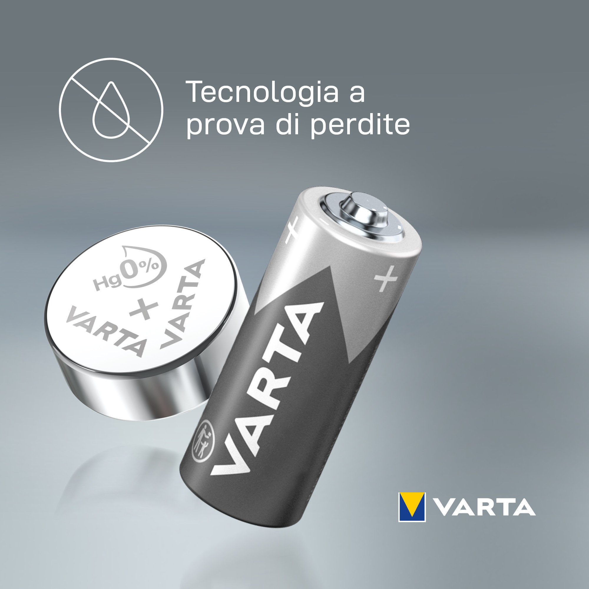 Dwie baterie Varta, jedna pionowo, druga płasko. Tekst: Tecnologia a prova di perdite. Logo i tekst: VARTA.