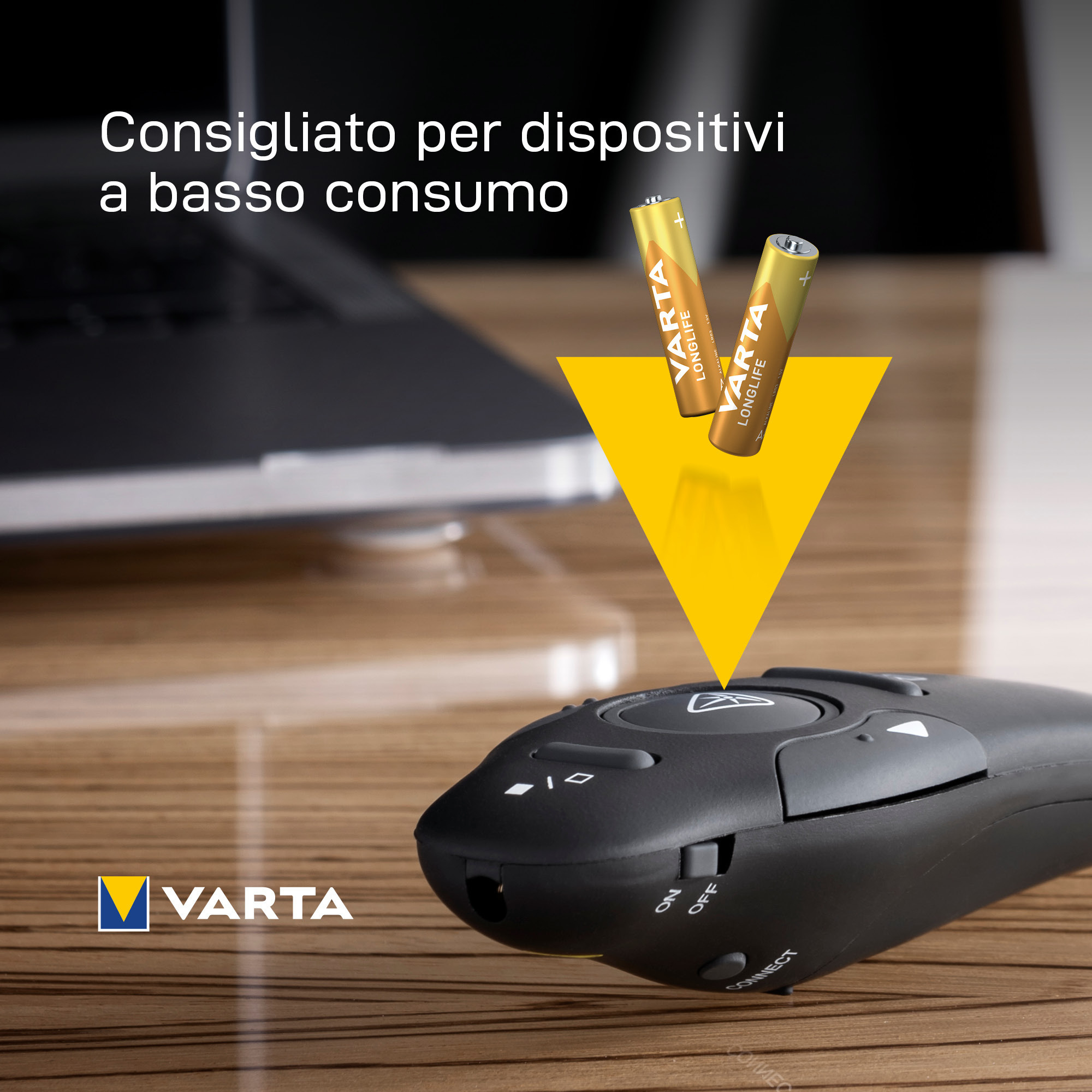 Black remote control with two Varta batteries, with text "Consigliato per dispositivi a basso consumo".