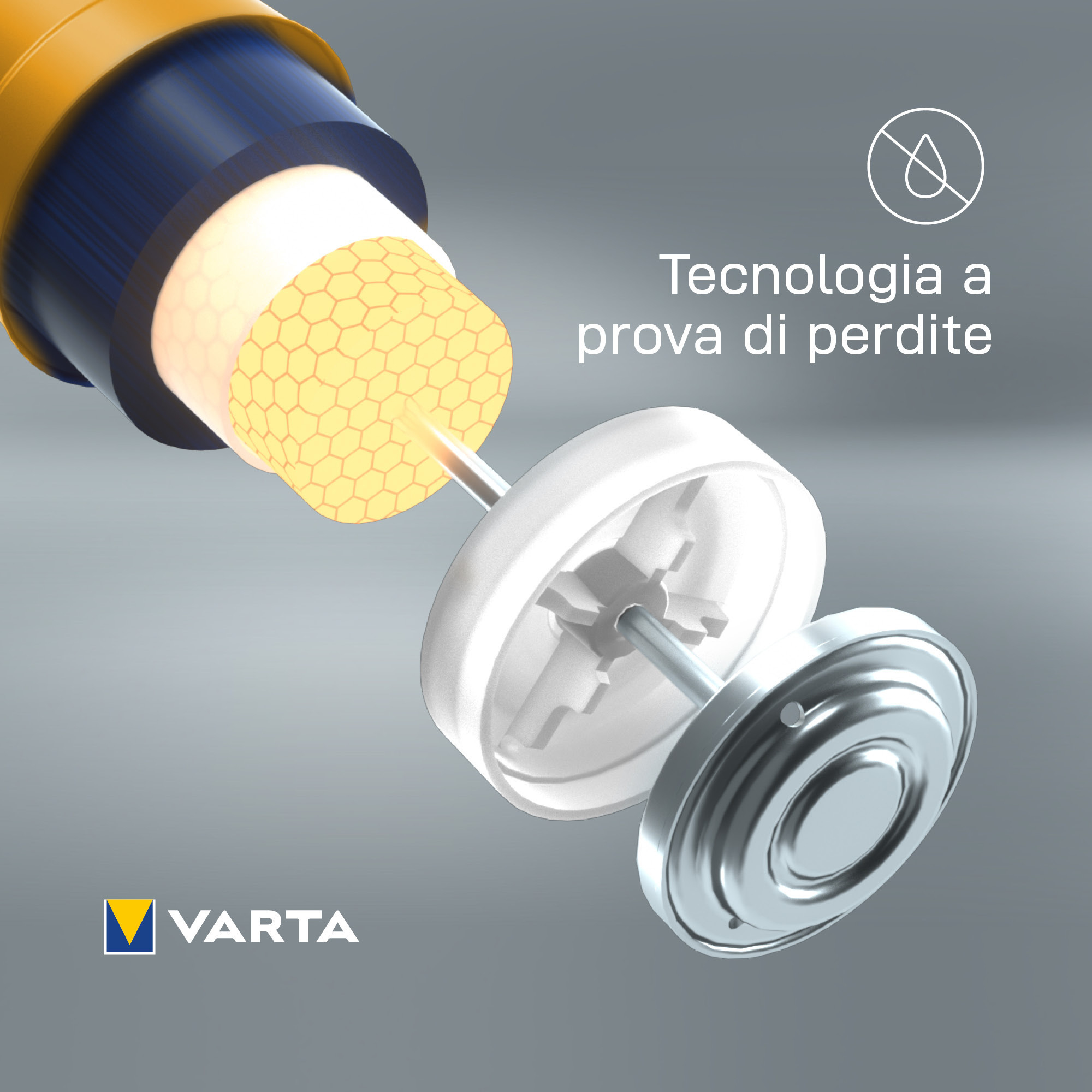 Cutaway view of a yellow and black battery showing internal components and the word 'VARTA'.