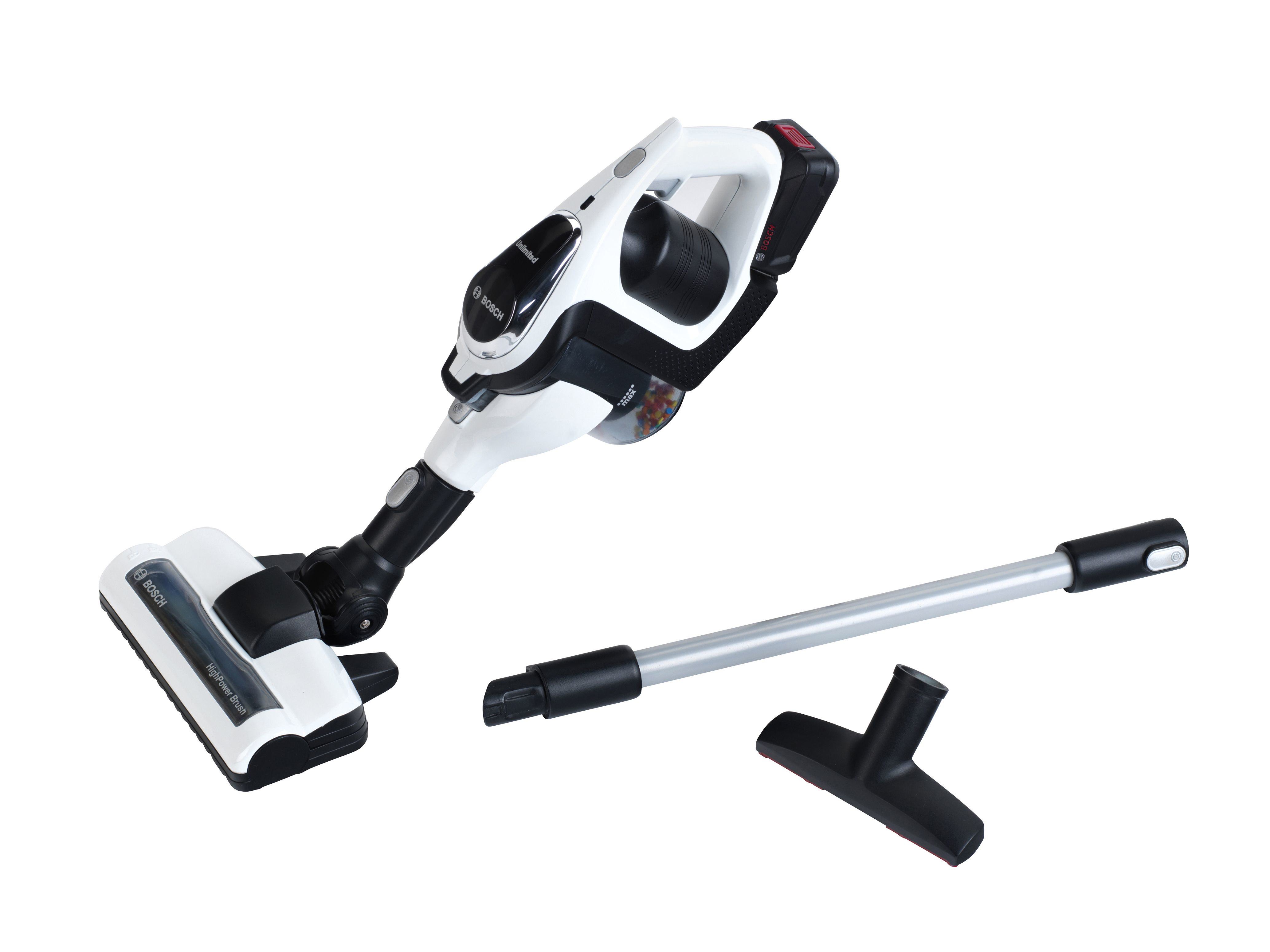 Biało-czarny bezprzewodowy odkurzacz Bosch z akcesoriami, na białym tle.
