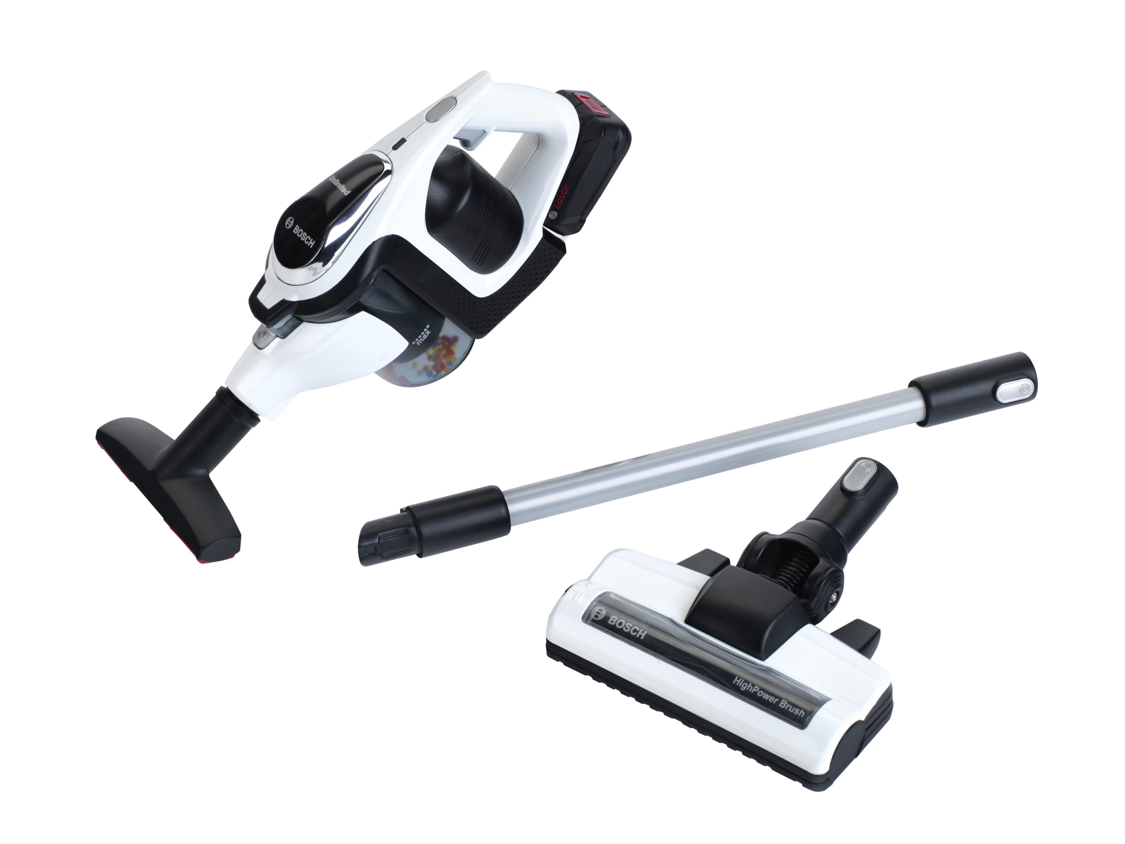 Biało-czarny odkurzacz z trzema częściami. Jednostka ręczna, przedłużka i głowica szczotki.