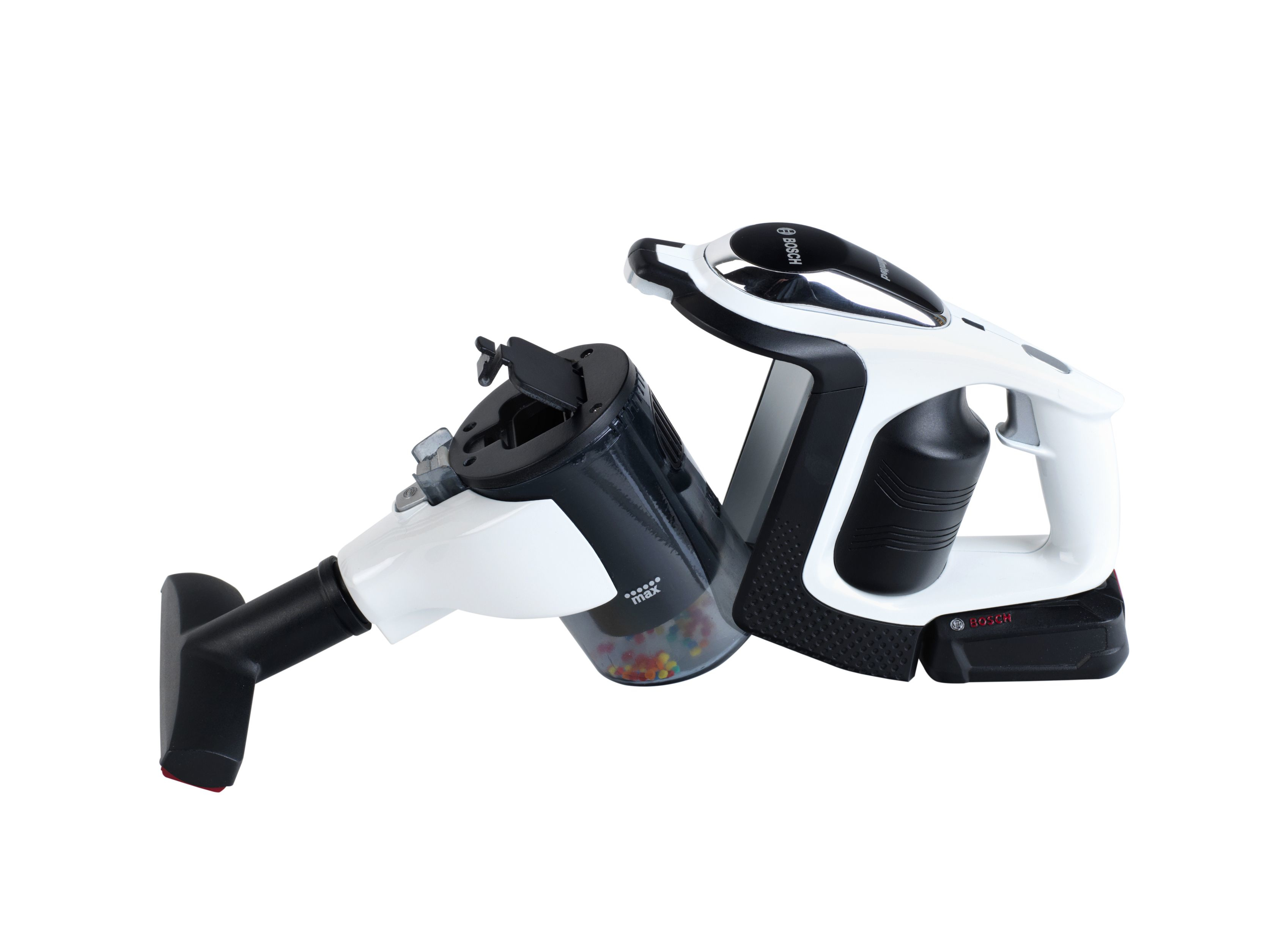 Biało-czarny odkurzacz bezprzewodowy.