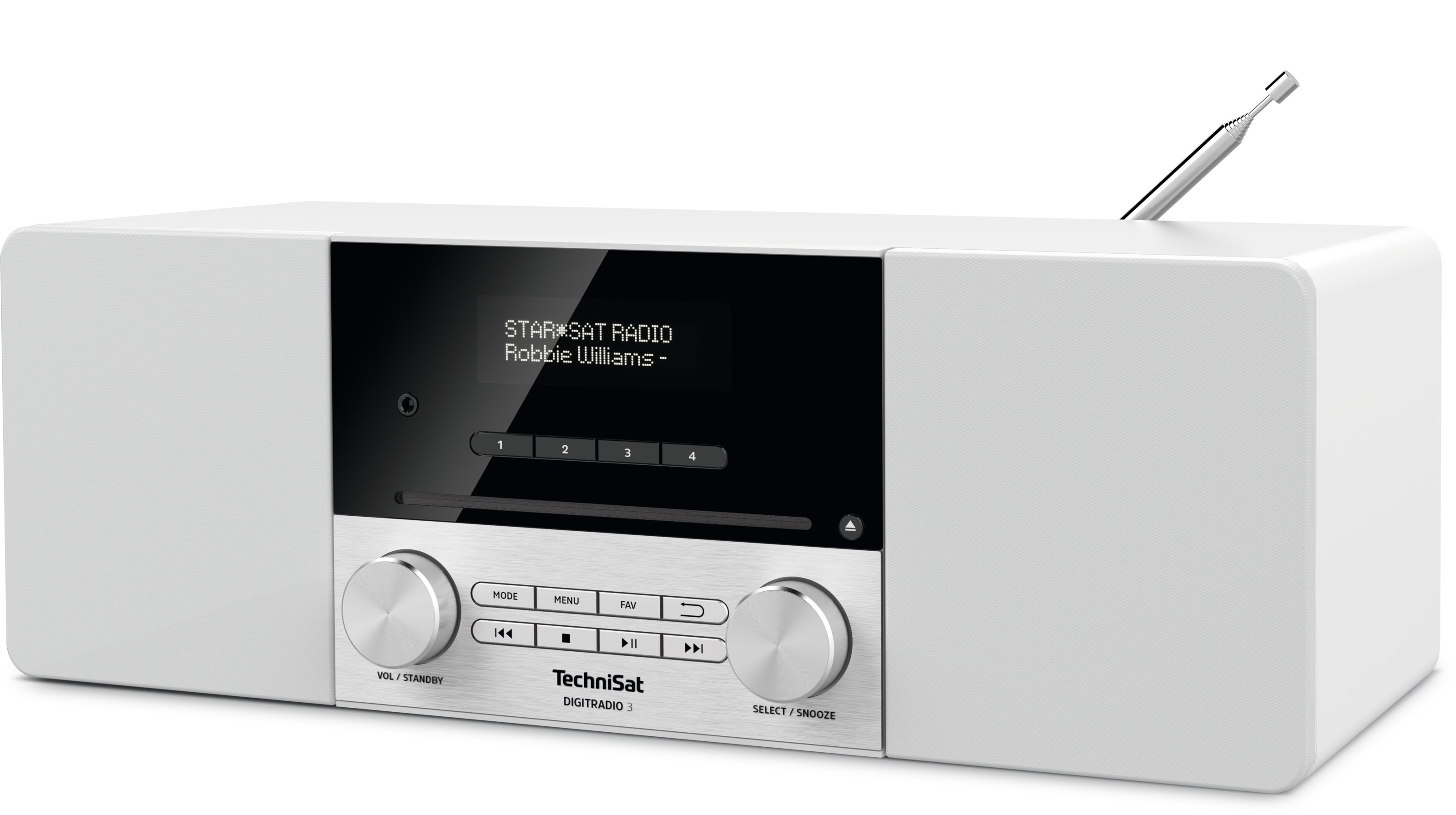 Białe radio z czarnym ekranem wyświetlającym tekst. Ma dwa pokrętła i kilka przycisków.