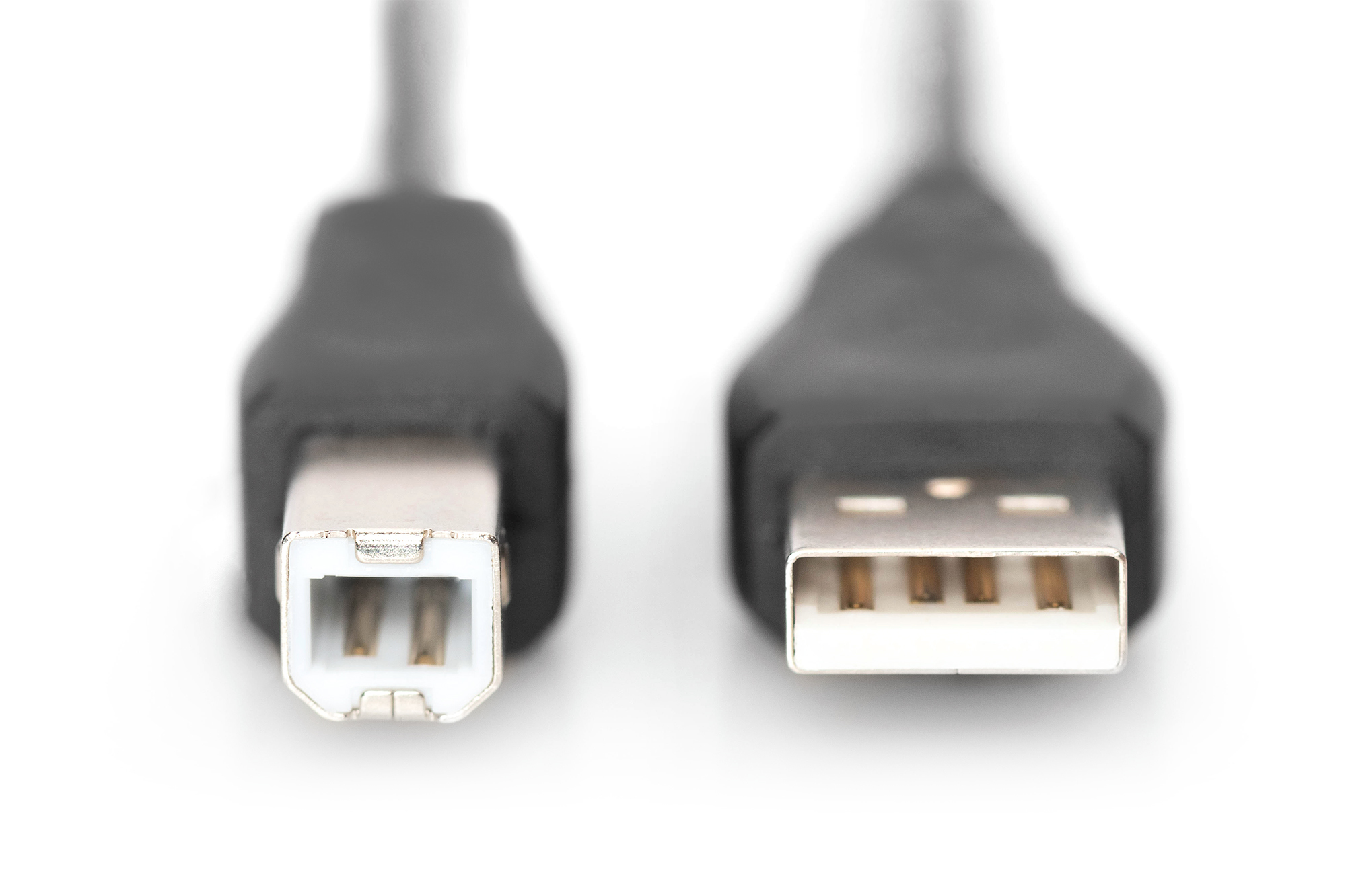 Deux câbles USB noirs. Une extrémité a un connecteur carré, l'autre un rectangulaire.