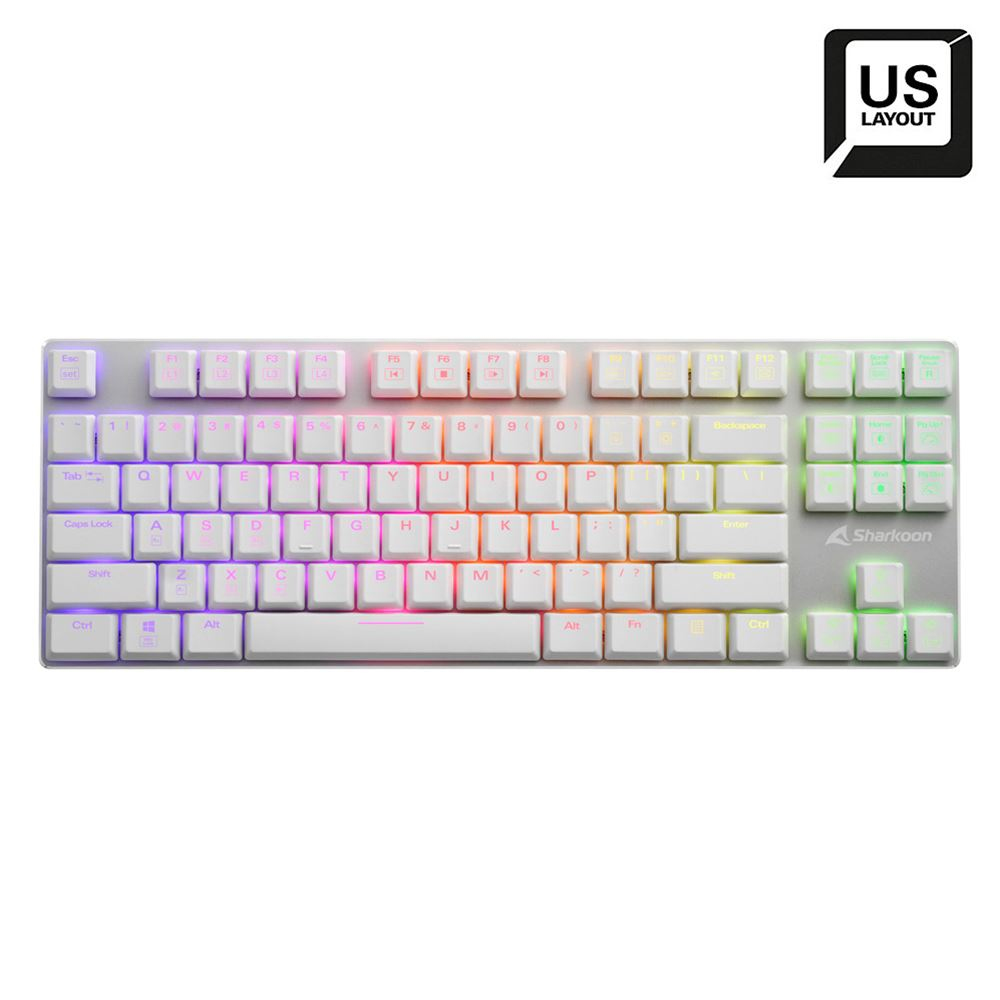 A white keyboard with illuminated keys, a US layout, and a white background. The Sharkoon logo is shown.