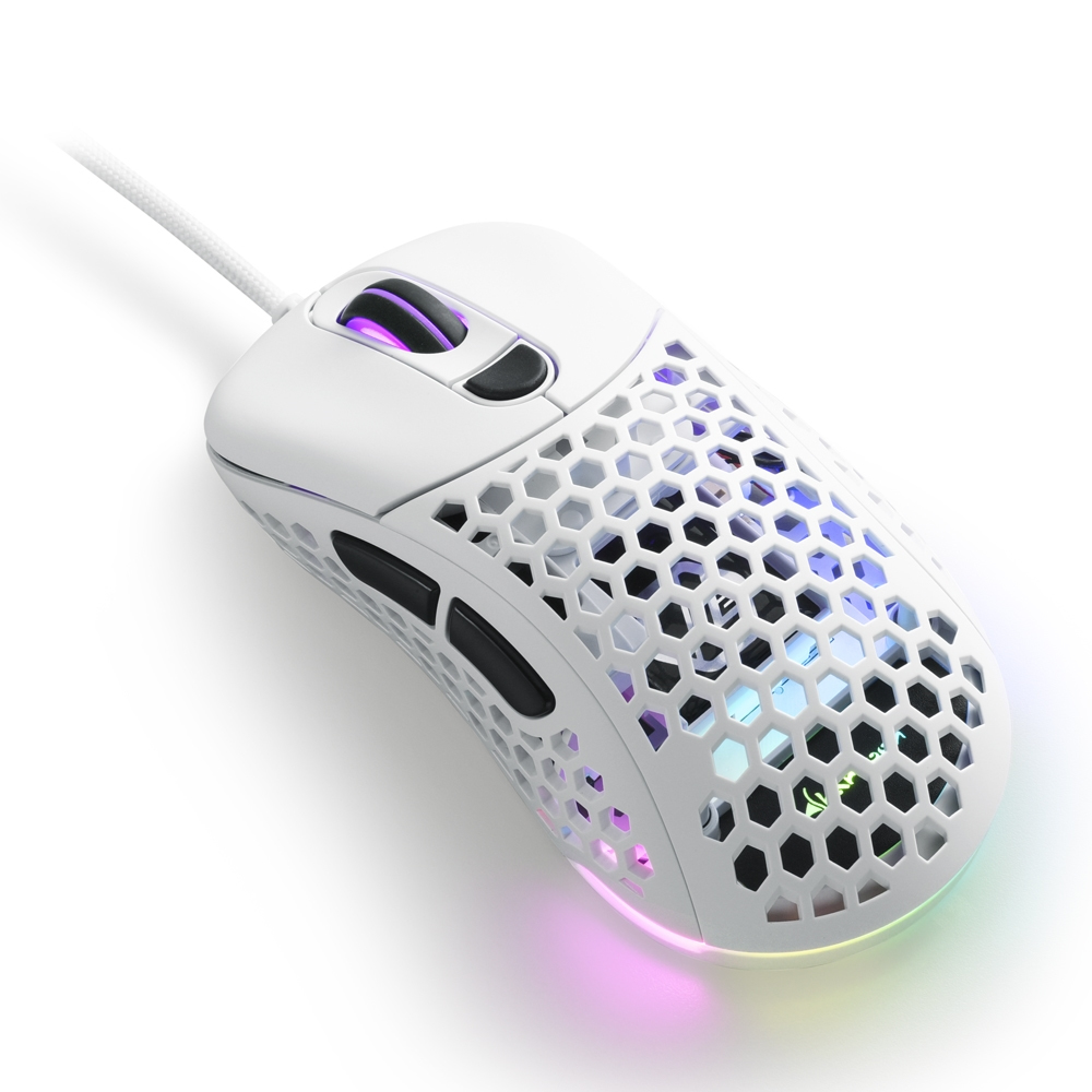 White gaming mouse with a honeycomb design. The mouse has two side buttons and a cable. RGB lights.