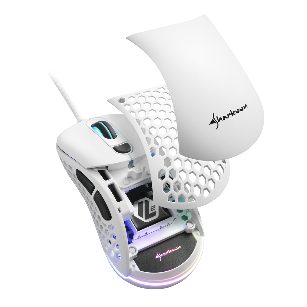White gaming mouse with exploded view showing internal components.