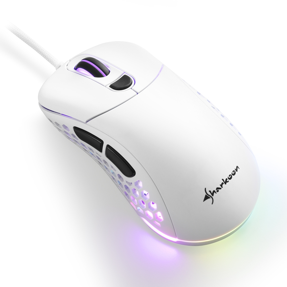 White gaming mouse on white background. Has black buttons and a honeycomb design with RGB lighting.