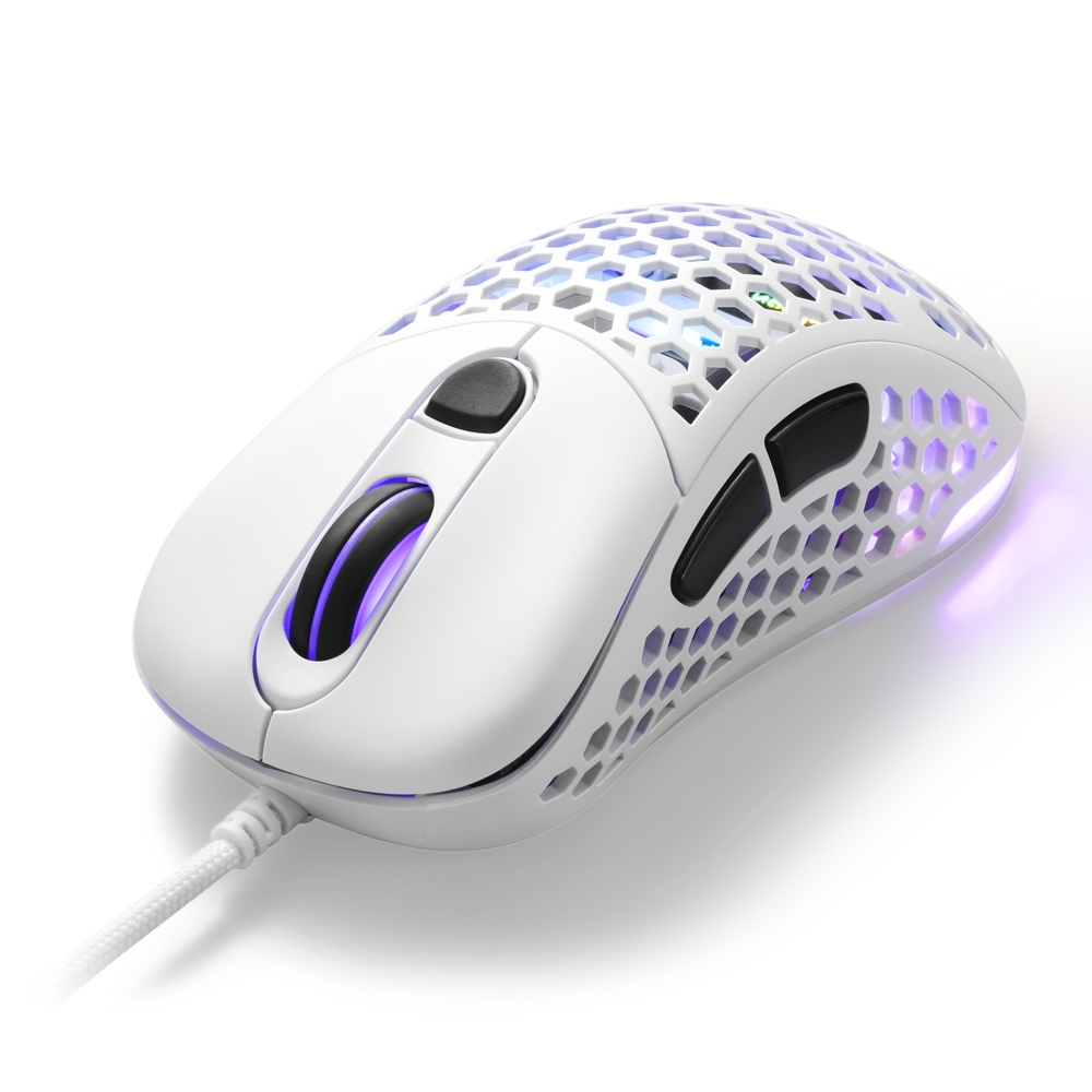 White gaming mouse with honeycomb design, black buttons, and a purple light.