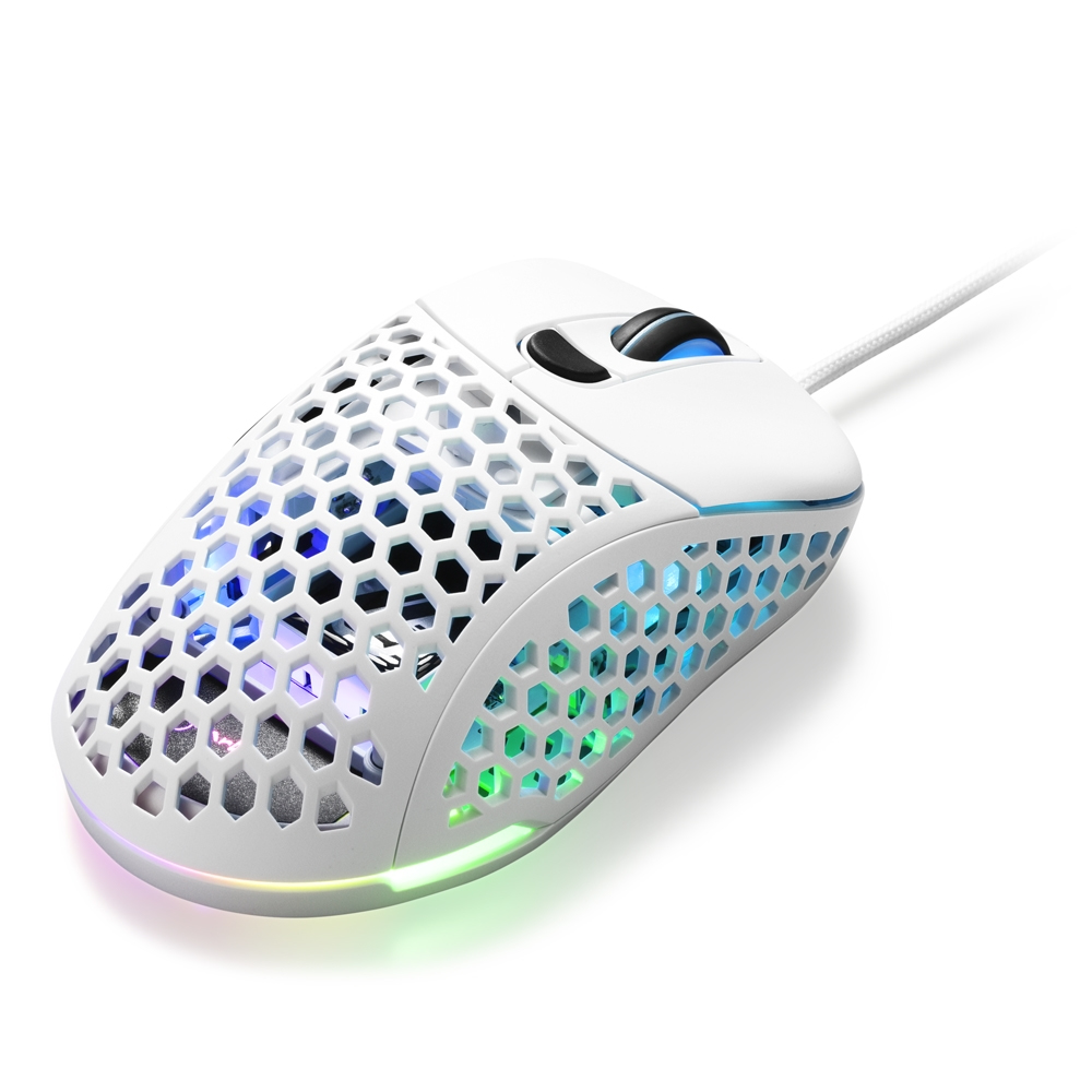 White gaming mouse with honeycomb design and colorful lights.