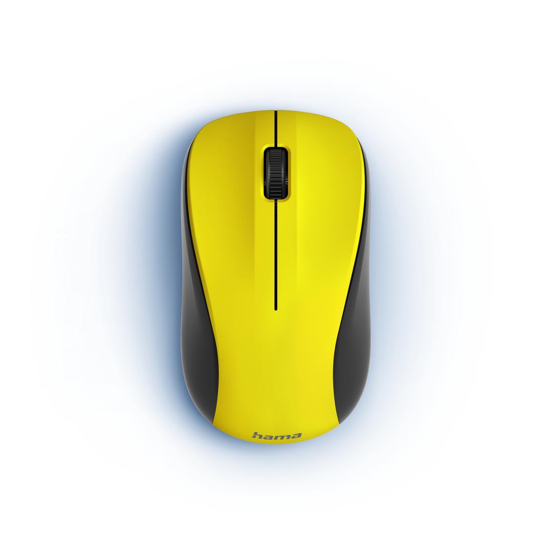 Ratón de computadora amarillo y negro. La parte superior es amarilla, los lados son negros, sobre fondo blanco.