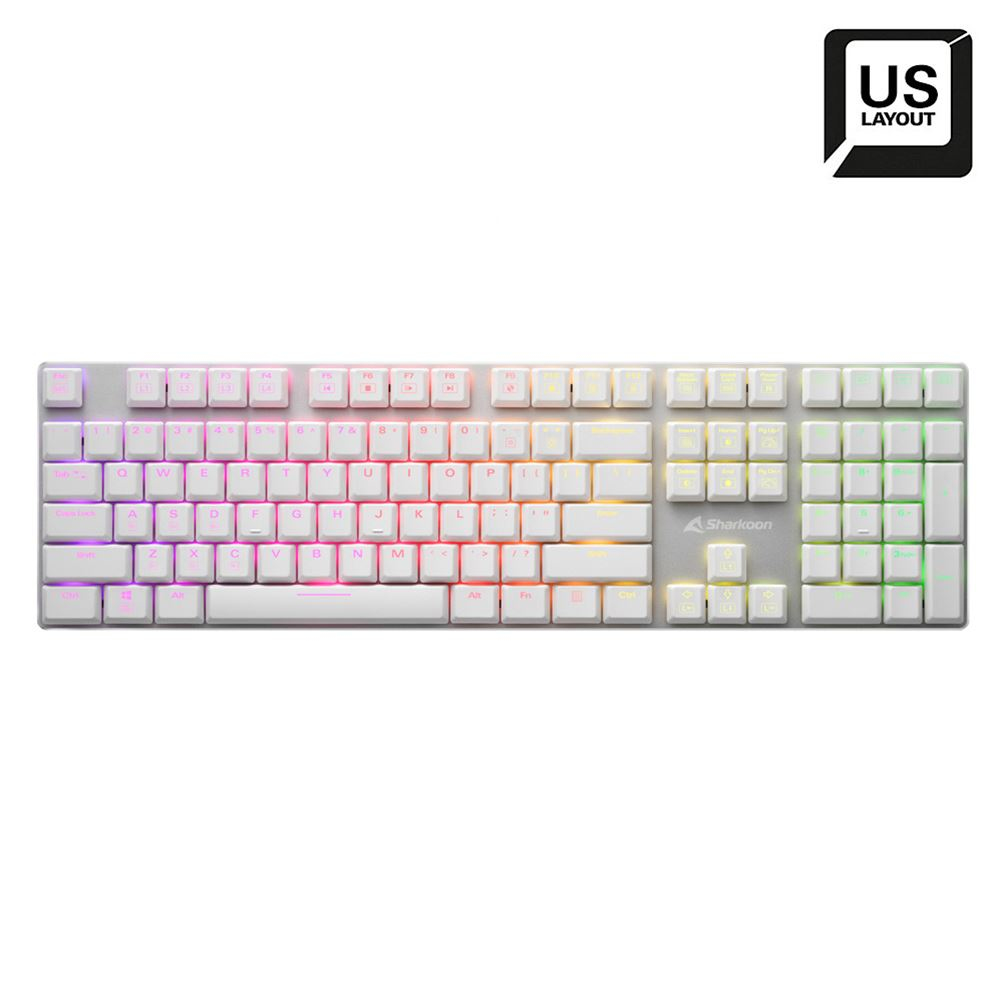 White mechanical keyboard with RGB lighting. US layout. Sharkoon logo.