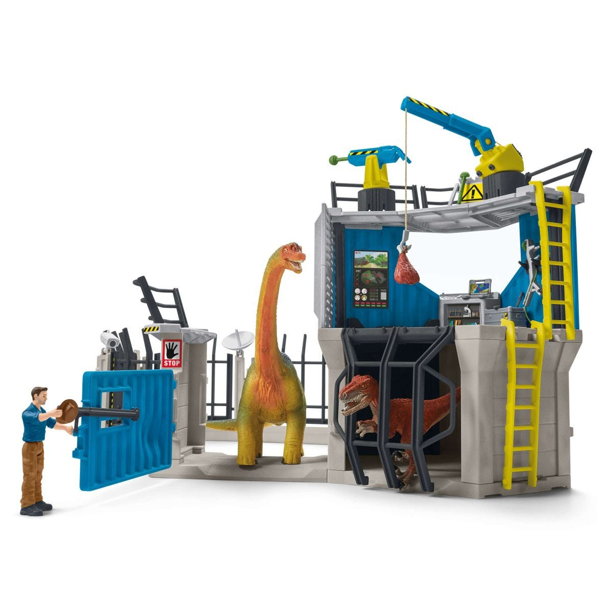 Ensemble de jouets dinosaures avec un Brontosaurus, un T-Rex et une structure de construction.
