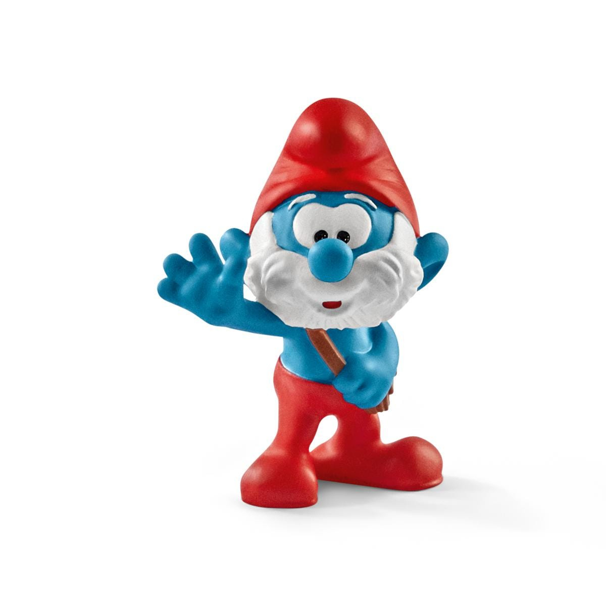 Una statuina blu dei Puffi con pantaloni e cappello rossi che saluta.