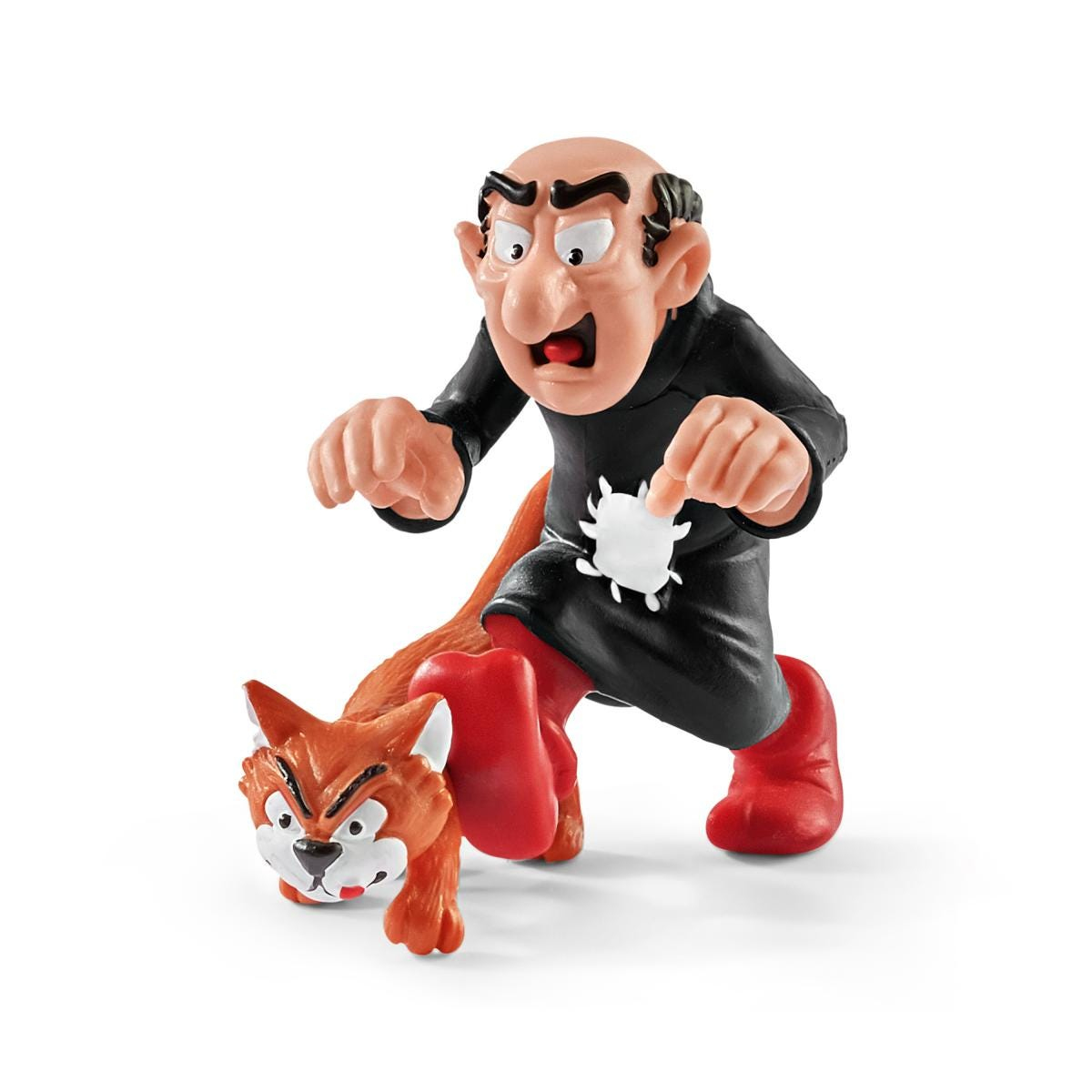 Un personaggio dei cartoni animati, con una veste nera e scarpe rosse, sta calpestando un gatto arancione. Il personaggio ha la testa calva.