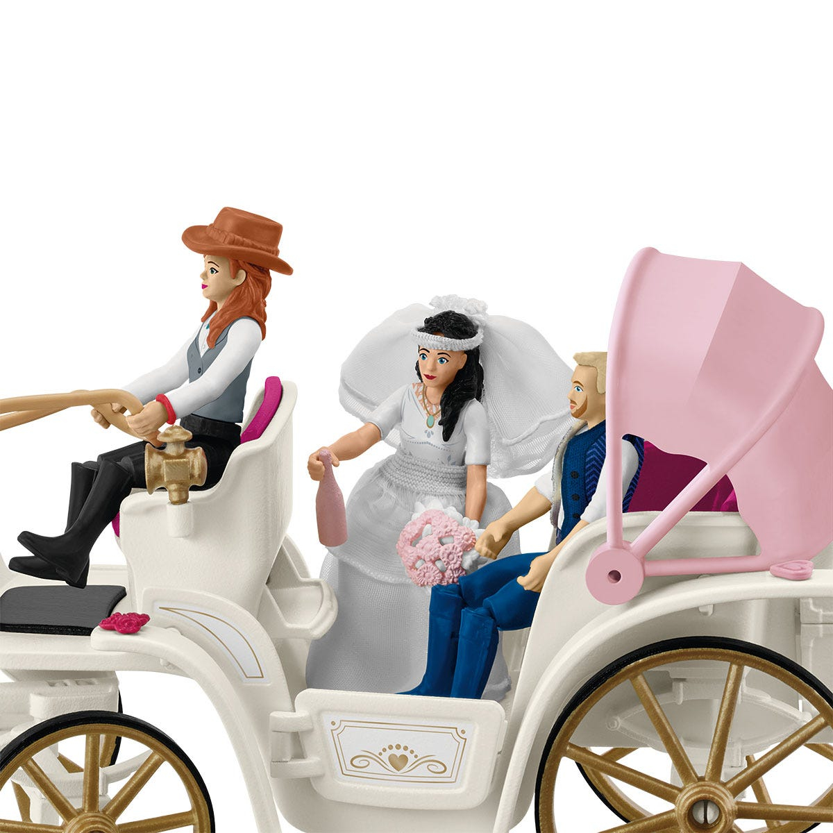 Toy wedding scene: Bride, groom, driver, and carriage.
