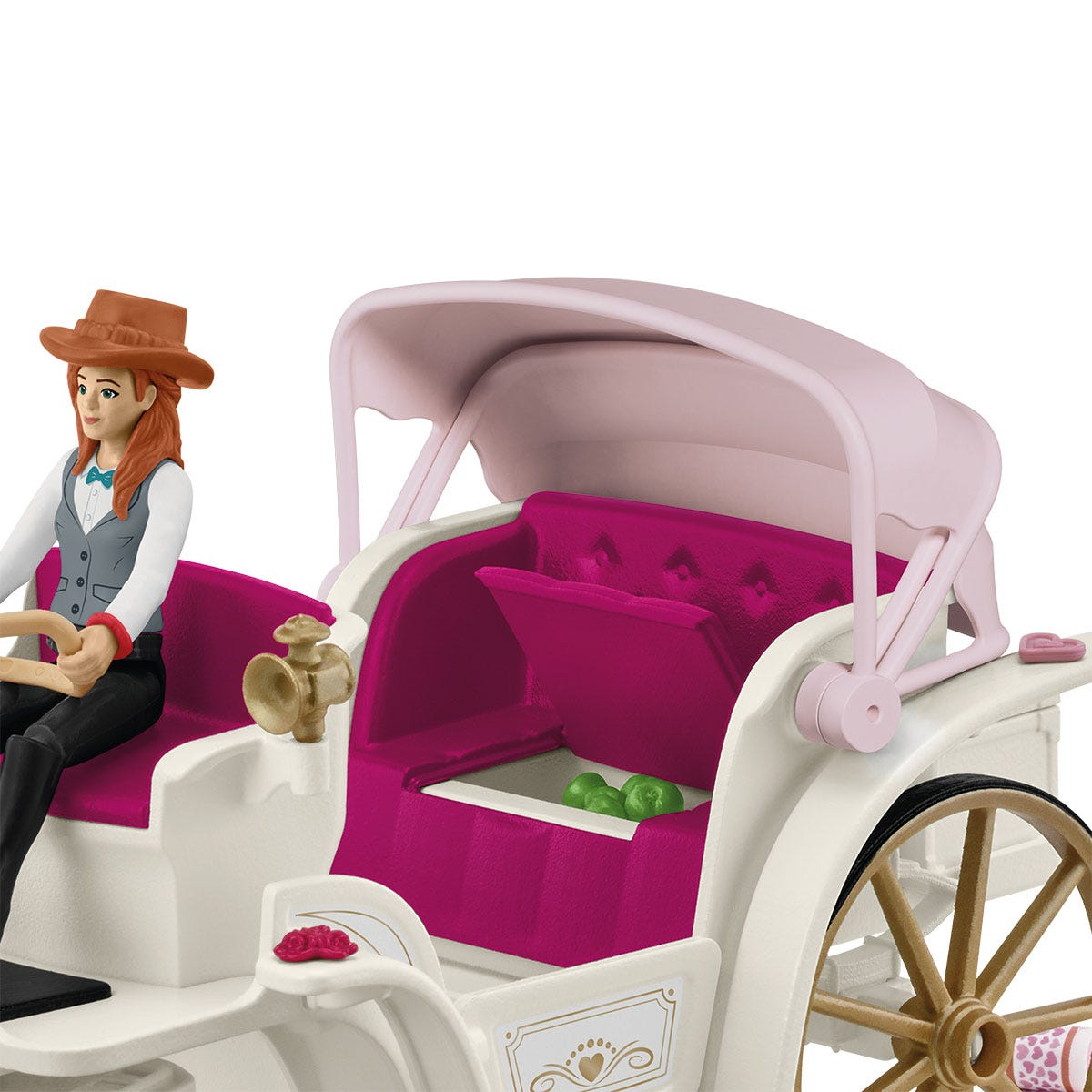 Toy carriage with a woman in a hat driving, pink interior, and green toy apples.
