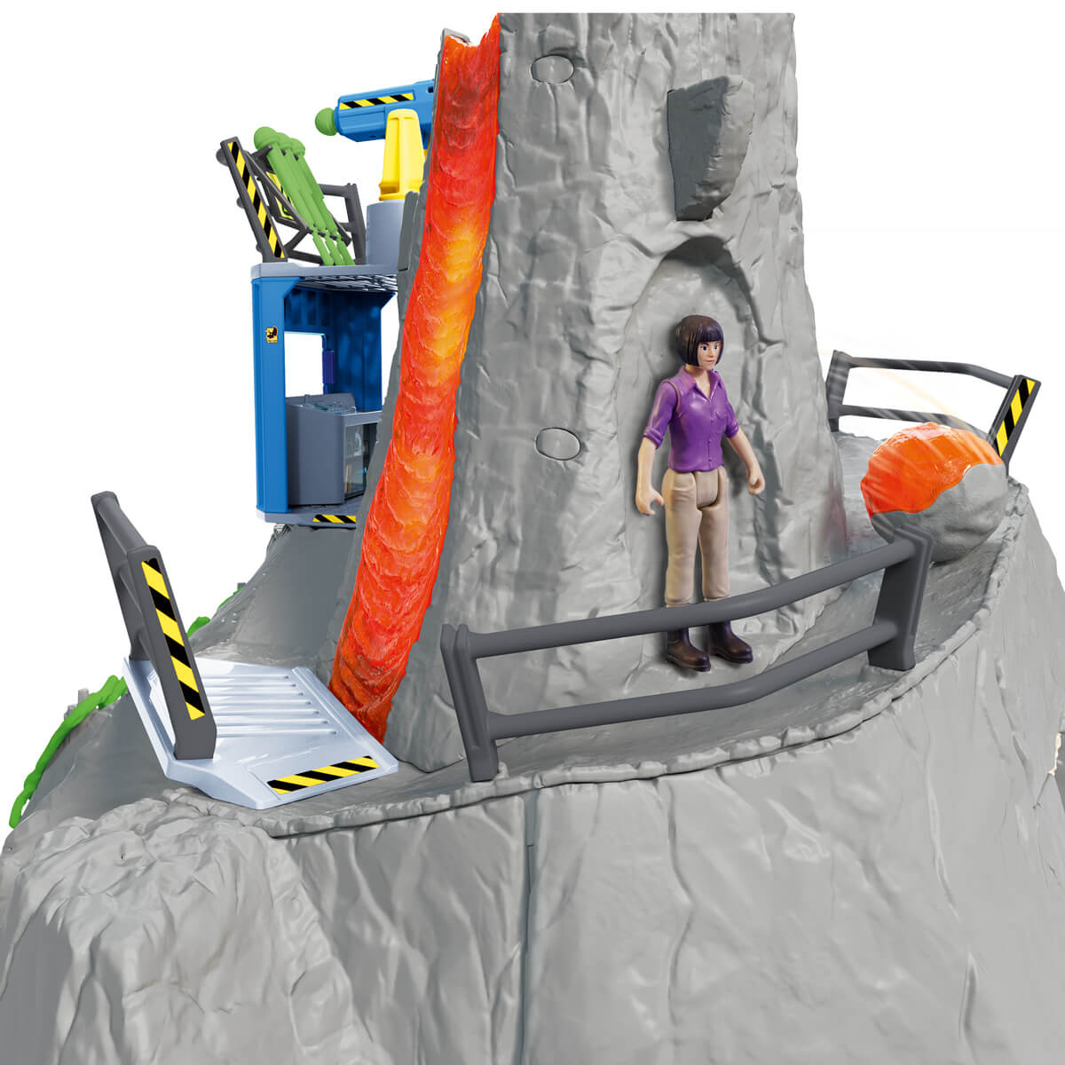 Un playset vulcano con una figura femminile in piedi in cima.