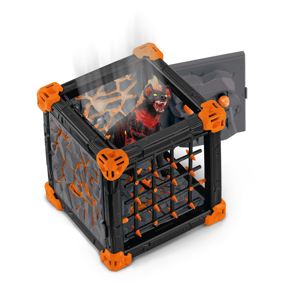 Ein Spielzeugkäfig mit einem Monster darin, mit einer teilweise geöffneten Tür.