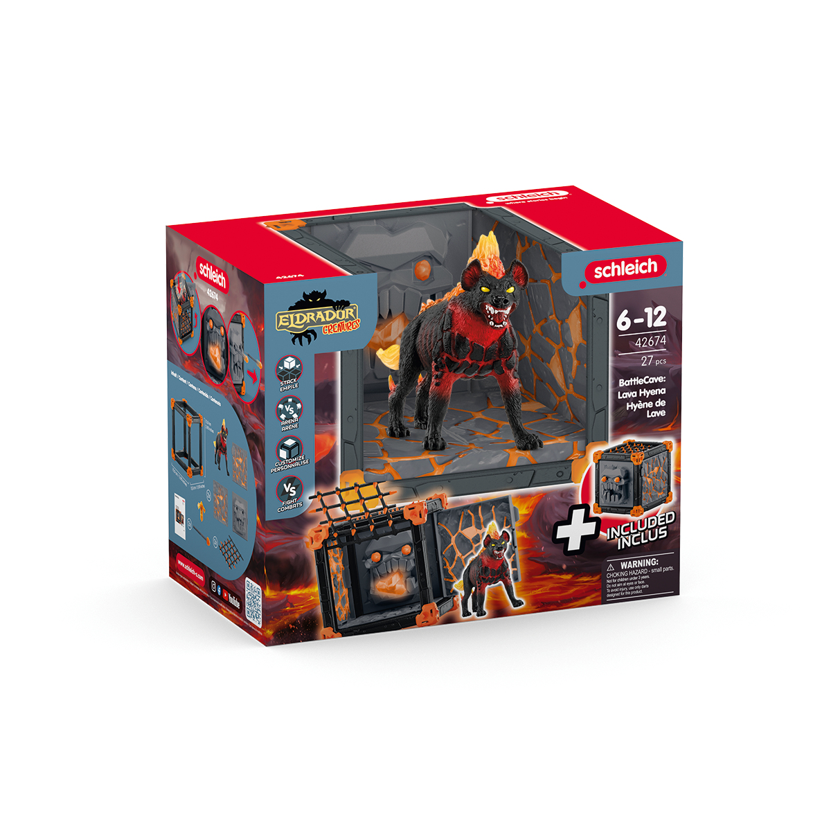 Ein Spielzeugset in einer Box, das eine rot-schwarze Hyäne in einer Fantasy-Umgebung darstellt, mit anderen Spielzeugteilen in Boxen.