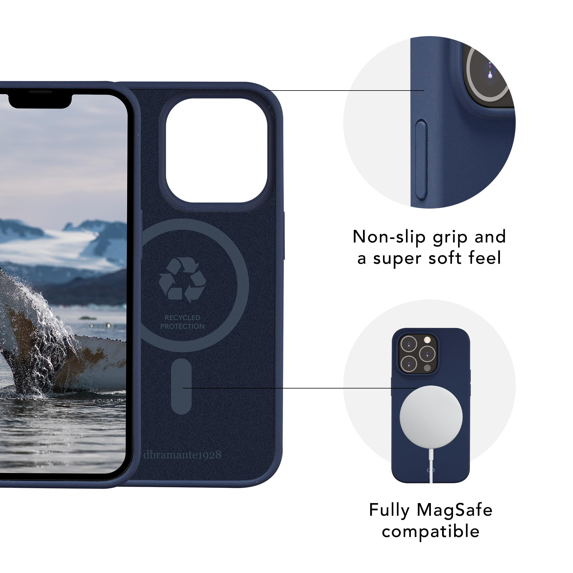 Custodia blu per telefono con immagine di balena sullo schermo. Compatibile MagSafe, presa antiscivolo.