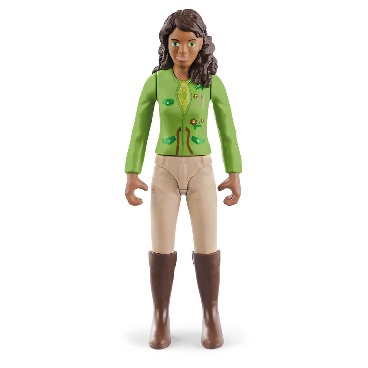 Une figurine Schleich d'une femme en veste verte, pantalon beige et bottes marron, sur fond blanc.