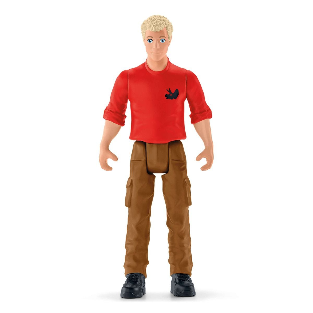 Spielfigur eines Mannes in rotem Hemd, brauner Hose und schwarzen Stiefeln.