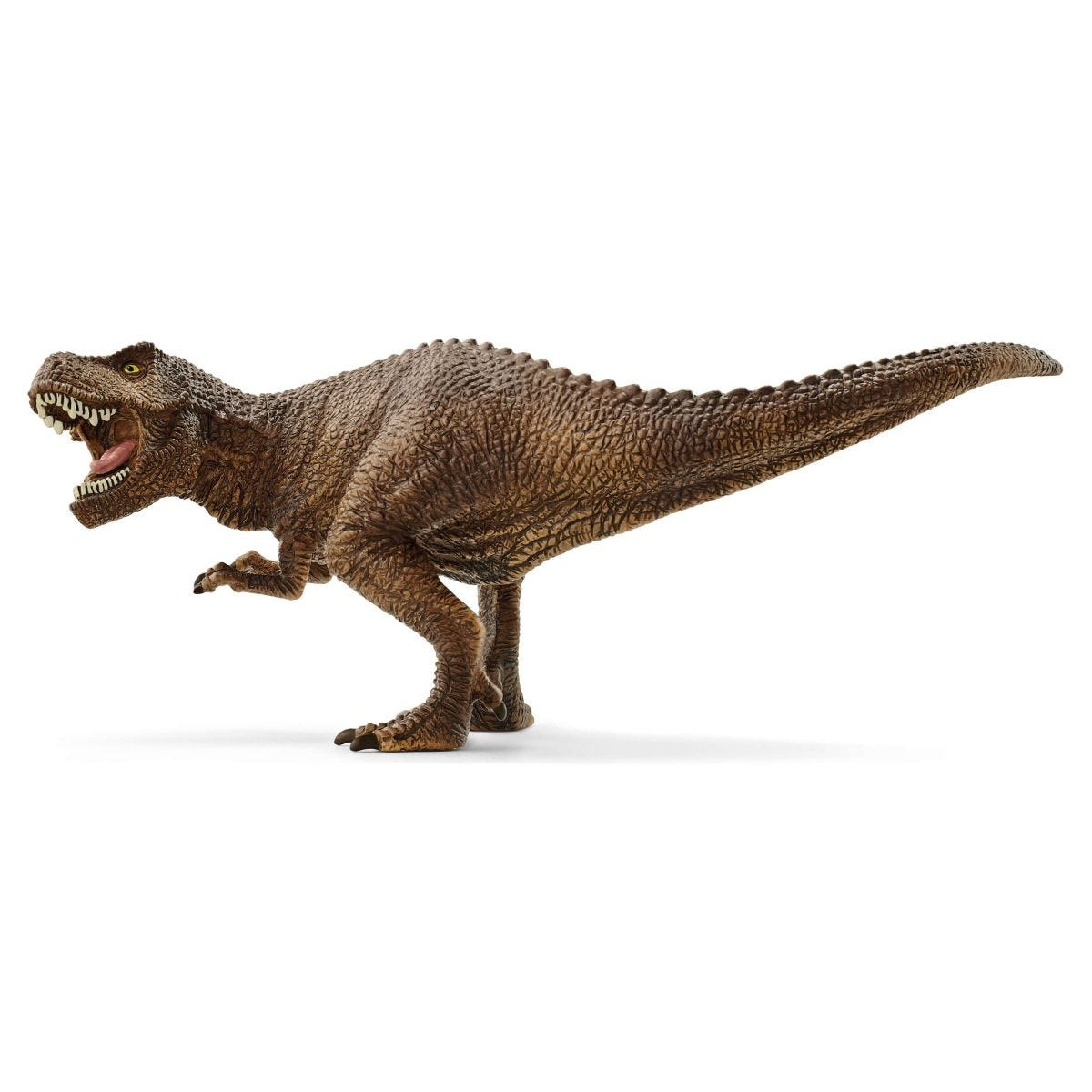 Braunes Tyrannosaurus Rex Dinosaurier-Spielzeug auf weißem Hintergrund.
