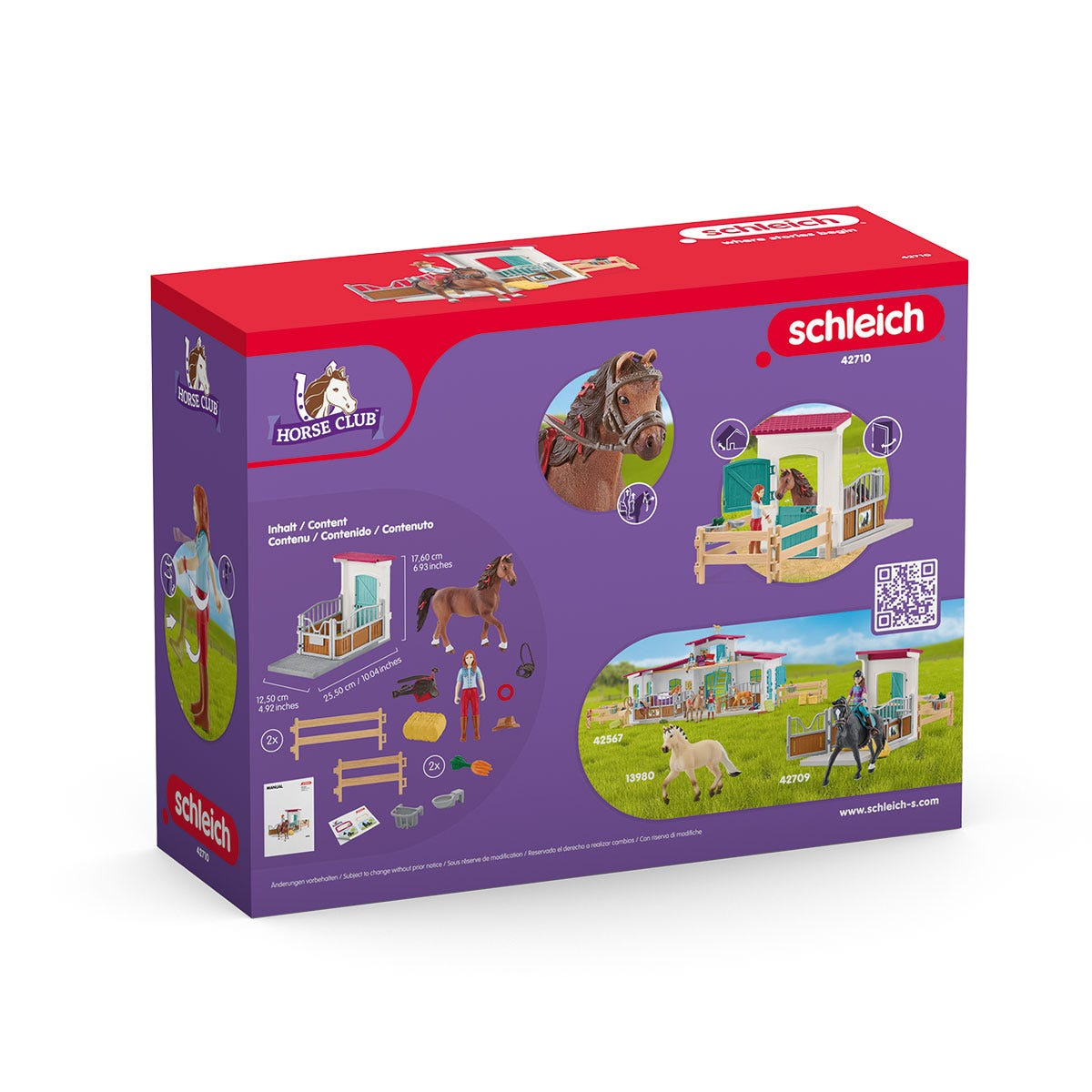 Eine Produktbox mit einem Spielzeug-Set für einen Pferdestall, mit Pferd, Figuren und Hintergrund.