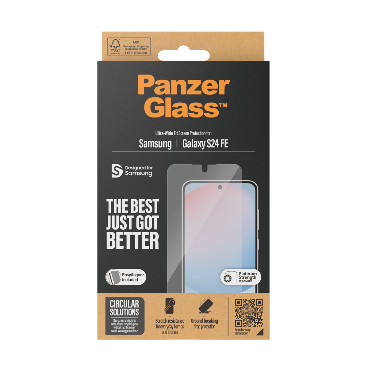 PanzerGlass kutusu, Samsung Galaxy S24 FE için Ultra-Wide Fit Ekran Koruyucu. Resim ve metin.