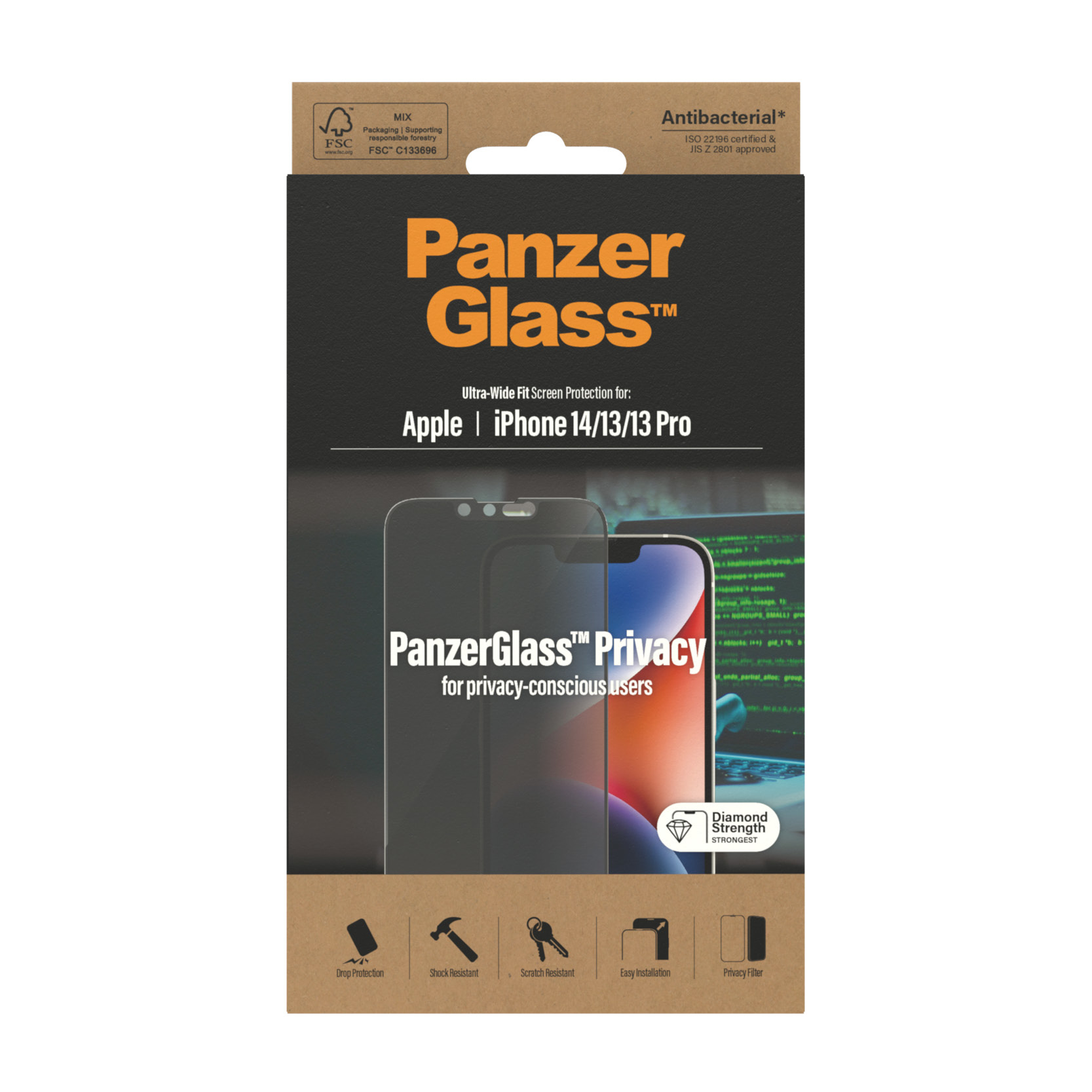 Verpakking voor PanzerGlass schermbeschermer voor iPhone, met productdetails en een telefoonafbeelding.