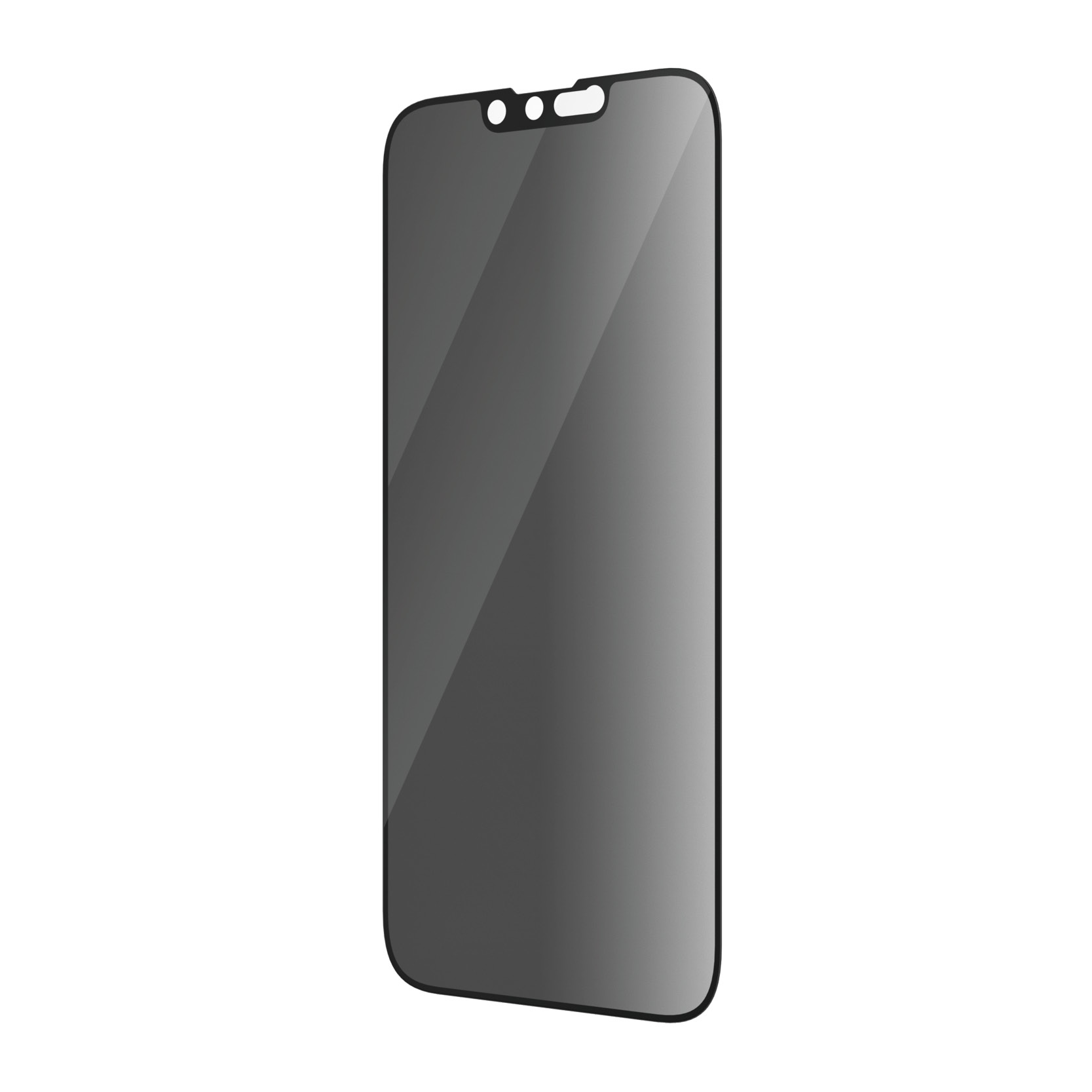 Zwarte privacy screenprotector voor een telefoon, met gaten aan de bovenkant.