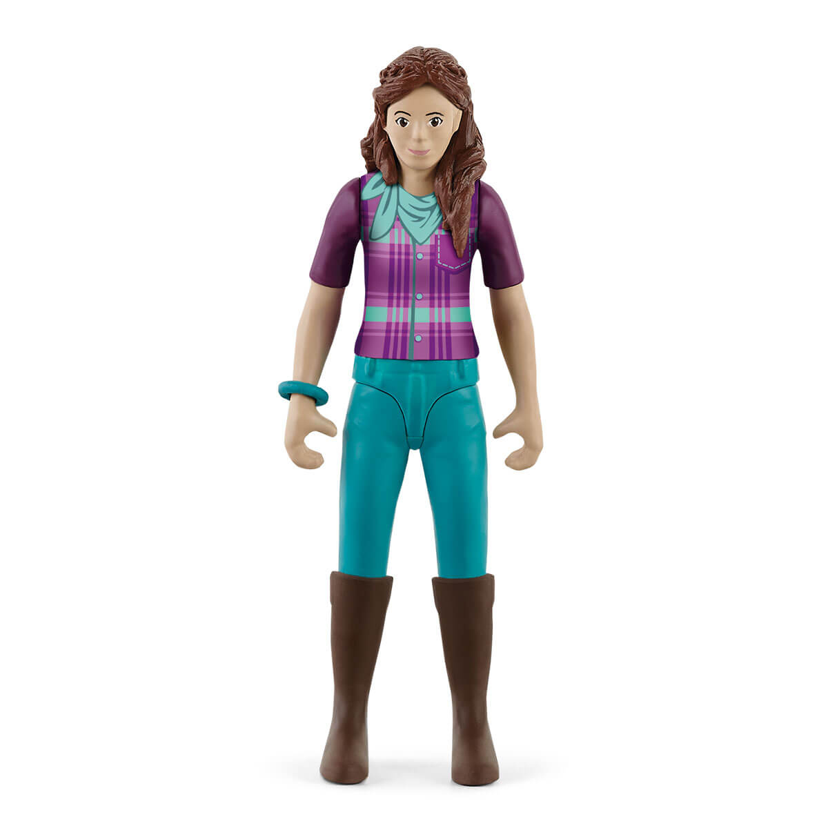 Figurka dziewczyny w stroju jeździeckim i butach. Białe tło.