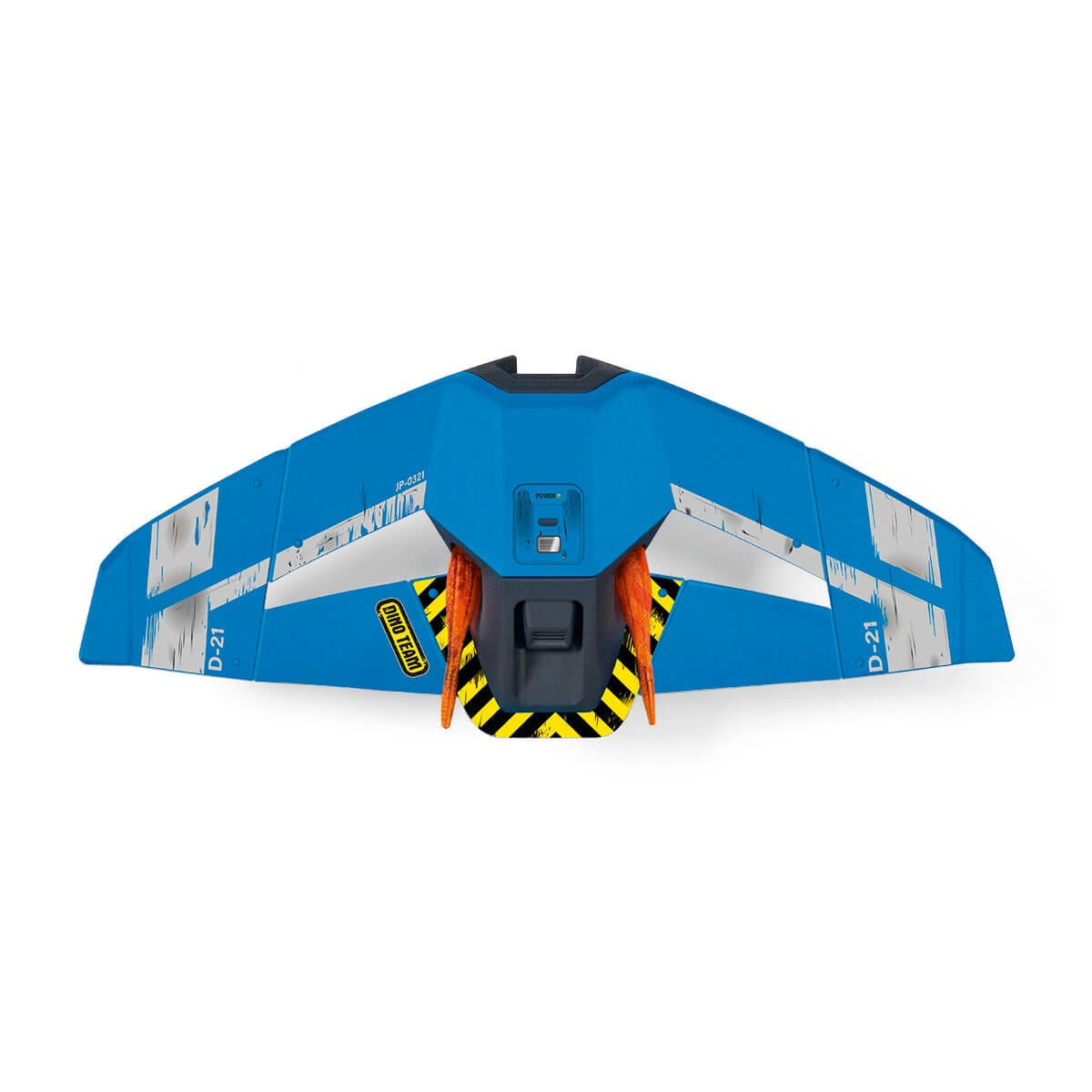 Niebieski samolot zabawka. Zabawka jest niebieska z białymi i pomarańczowymi akcentami.