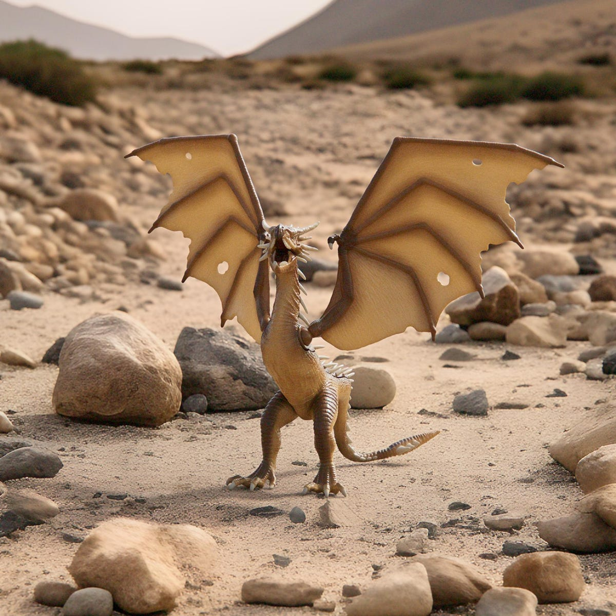 Zabawkowy smok z otwartymi skrzydłami stoi na skalistej, piaszczystej powierzchni w pustynnym otoczeniu.