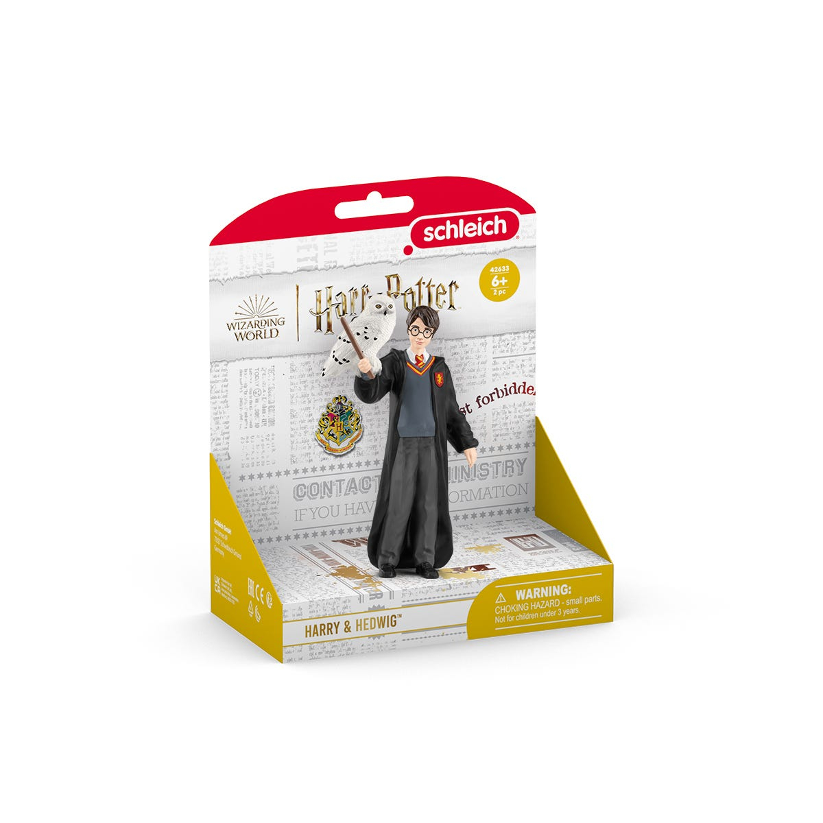 Figura di Harry Potter nella confezione, sfondo bianco e testo.